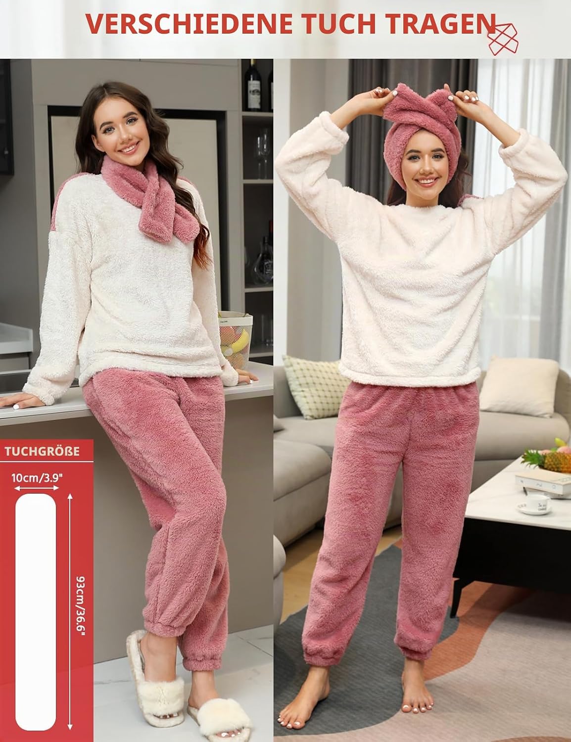 Thumbnail 2 de TOMEEK Damen Schlafanzug Set Winter – Kuscheliger Polar-Fleece 3-teilig (Langarm-Oberteil, Hose, Schal) in Orange/Rosa, Größe M