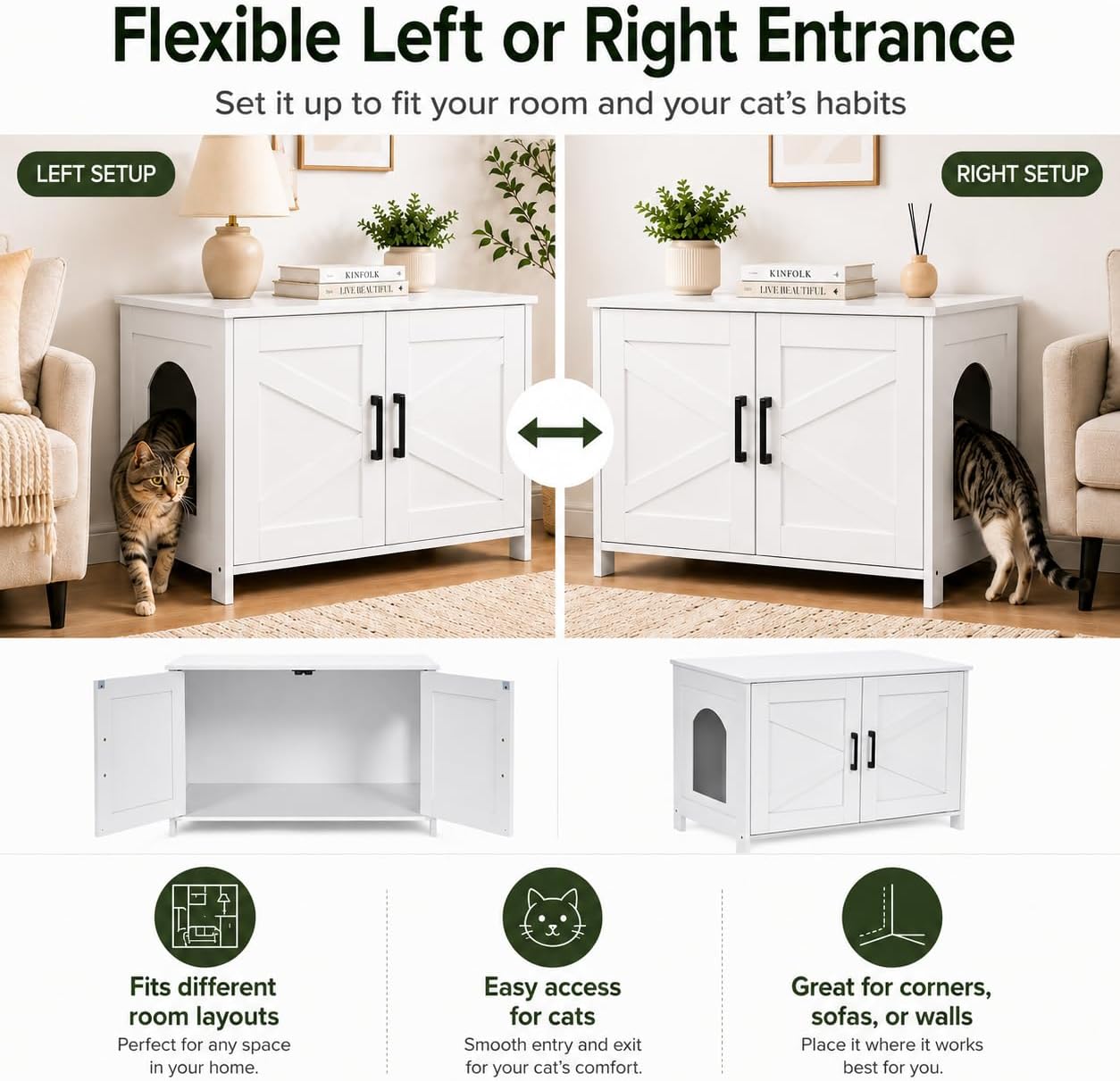 Detalle 2 de Homhedy 31.5-Inch Cat Litter Box Enclosure with Barn Door, White