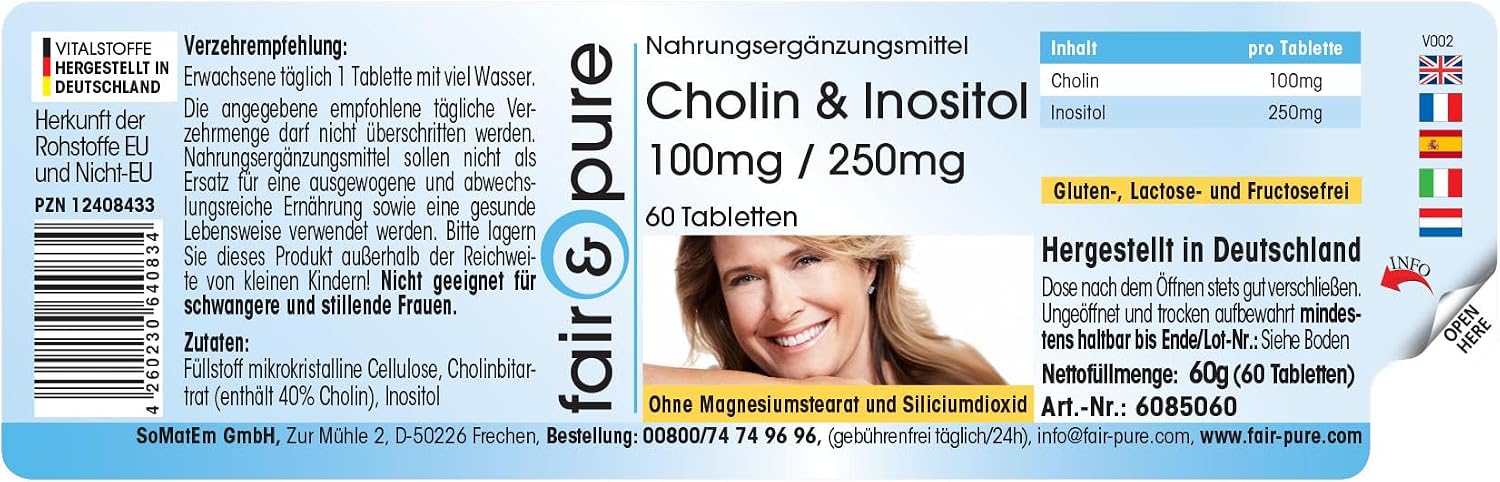 Detalle de Fair & Pure Cholin & Inositol 100 mg / 250 mg, 60 Tabletten – Hochdosierte Nahrungsergänzung aus Deutschland