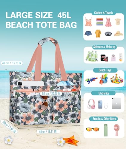 Detalle de ENONEO Bolsa de Playa para Mujer Grande XXL con Cremallera y Compartimentos – Gris/Rosa