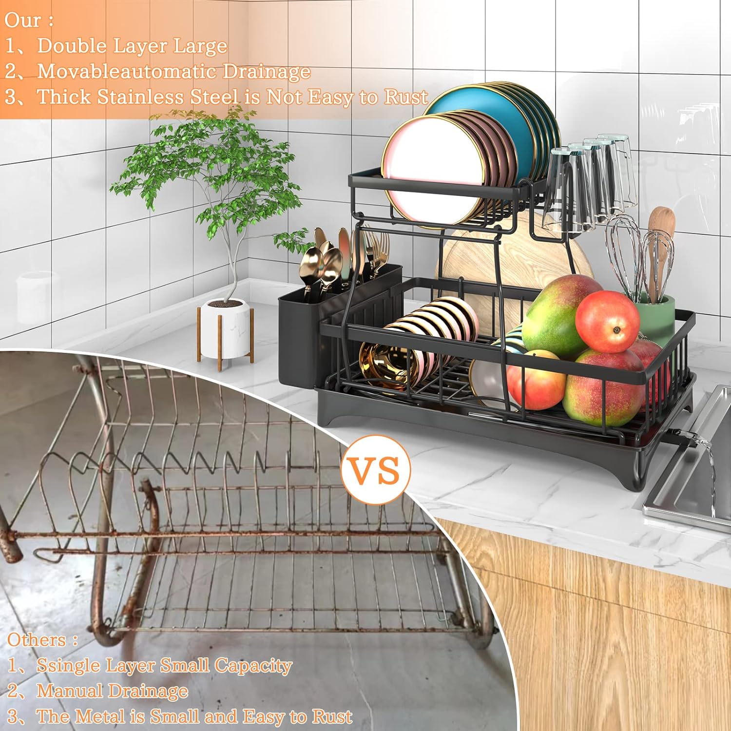 Thumbnail 4 de Godboat 2-Tier Dish Drying Rack with Auto-Drain Tray and Mat (Kitchen Counter Dish Drainer)