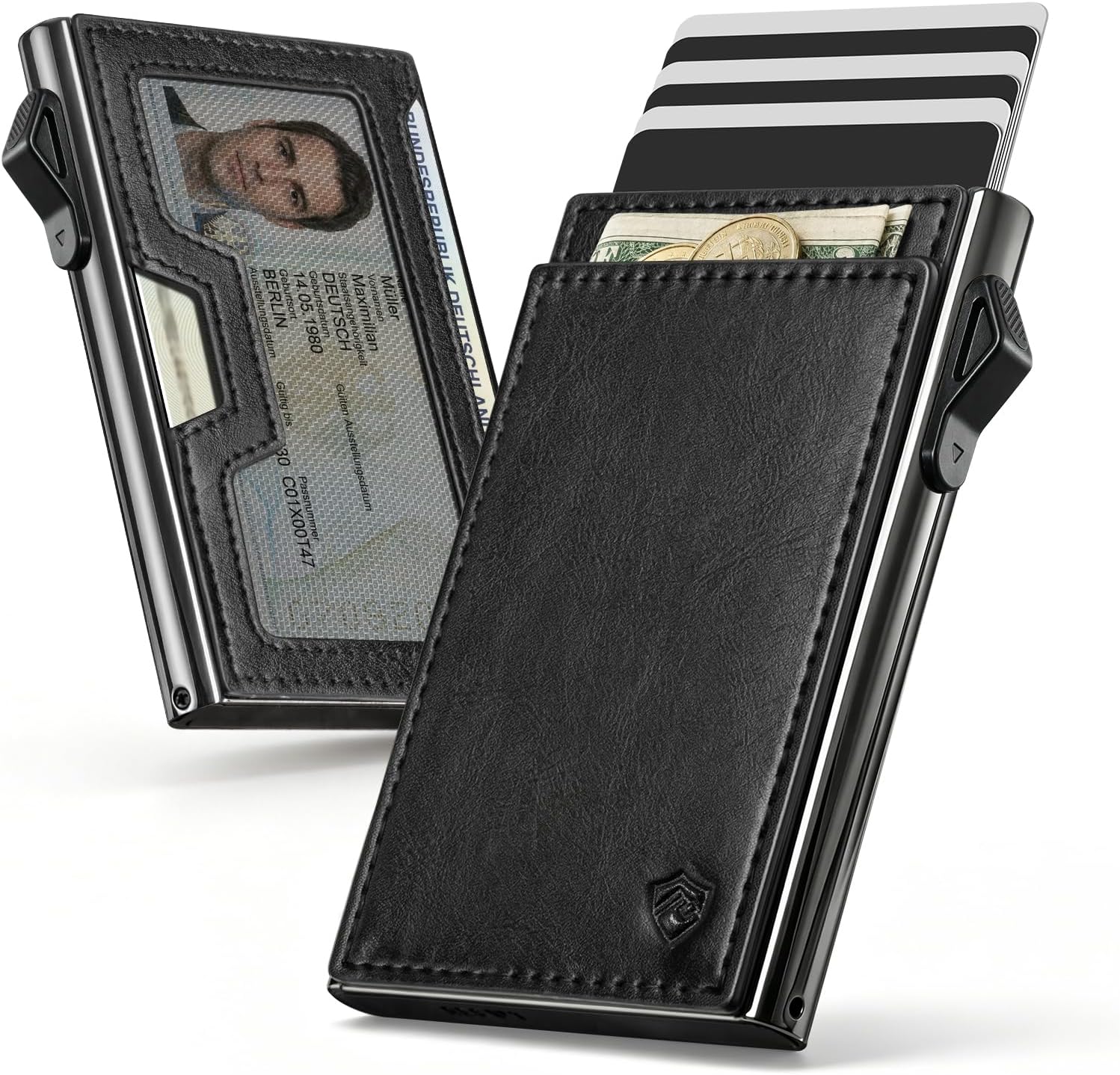 Detalle de YESIIW Porte Carte Homme | Aluminium Pop Up 6 Cartes, fenêtre ID et blocage RFID – Design Bauhaus, Nero