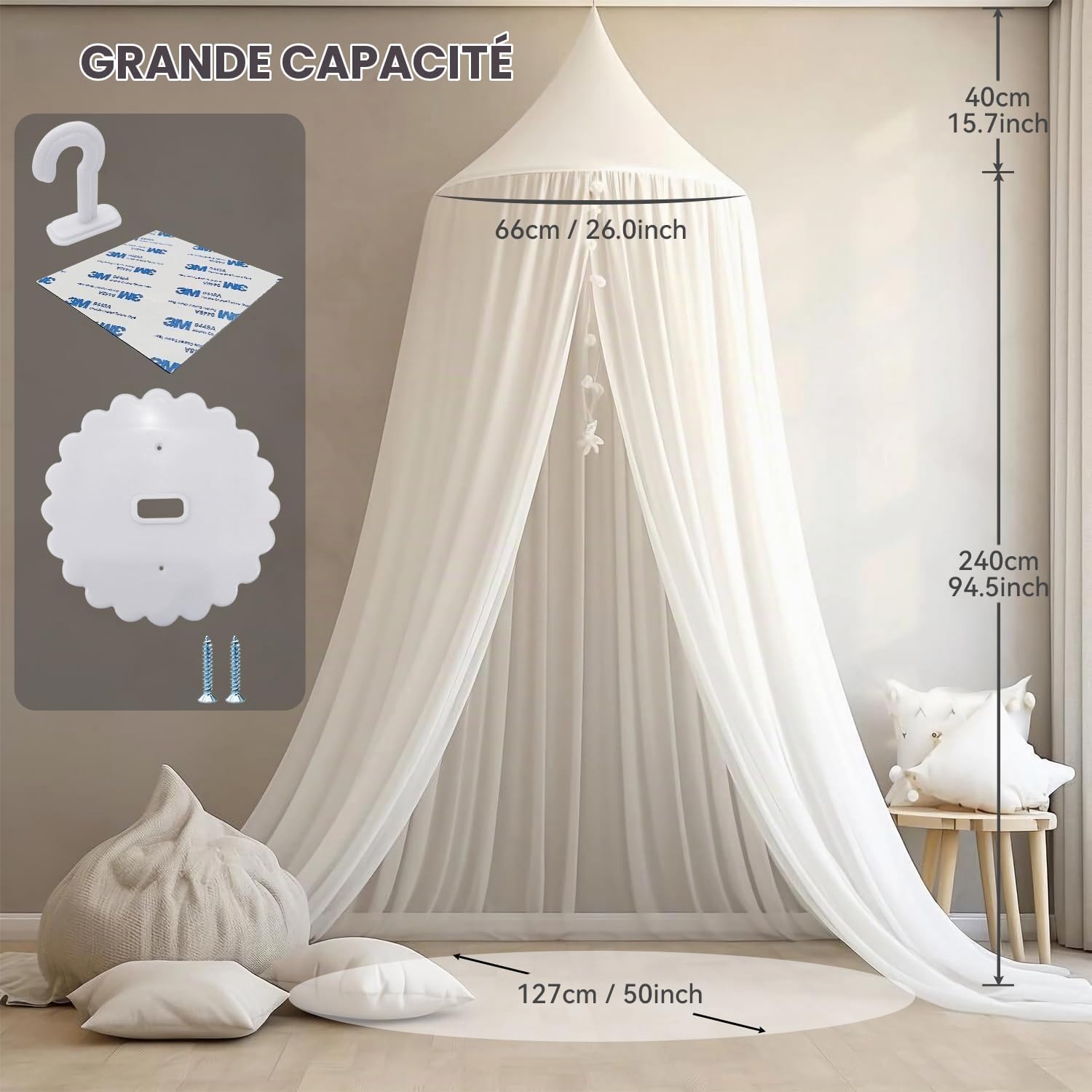 Detalle 2 de Ginkago Ciel de Lit bedhemel voor kinderen, wit polyester, 280 cm hoog
