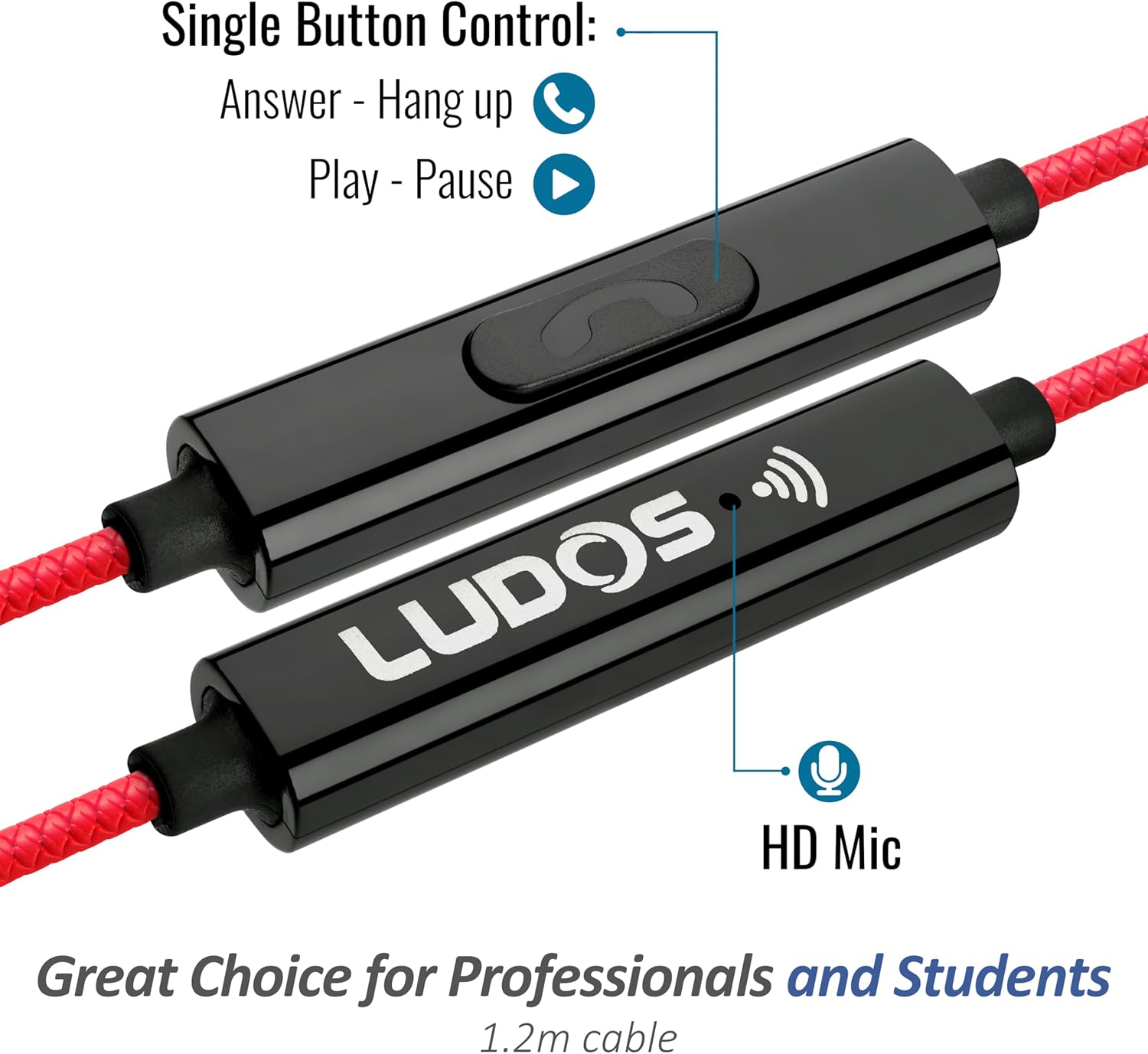 Detalle de Ludos CLAMOR Wired Earbuds in-Ear Headphones – Red, Memory Foam Comfort & 5 Year Warranty