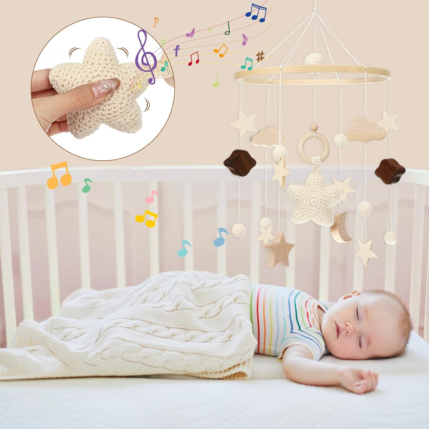Thumbnail 3 de Litimkat Mobile fürs Babybett mit gehäkelten Sternen, Monden und Wolken – Holz Mobile als Dekoration und Windspiel
