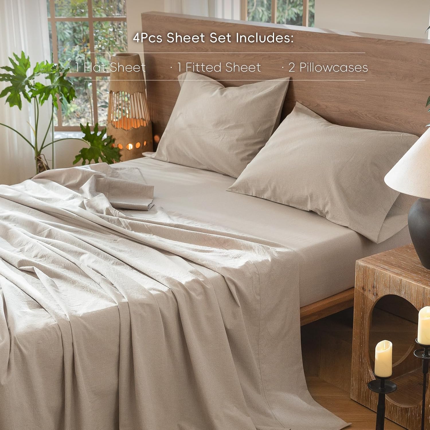 Thumbnail 1 de MooMee Bedding Sheet Set (Washed Cotton, Heathered Tannish Linen Grey, Queen)