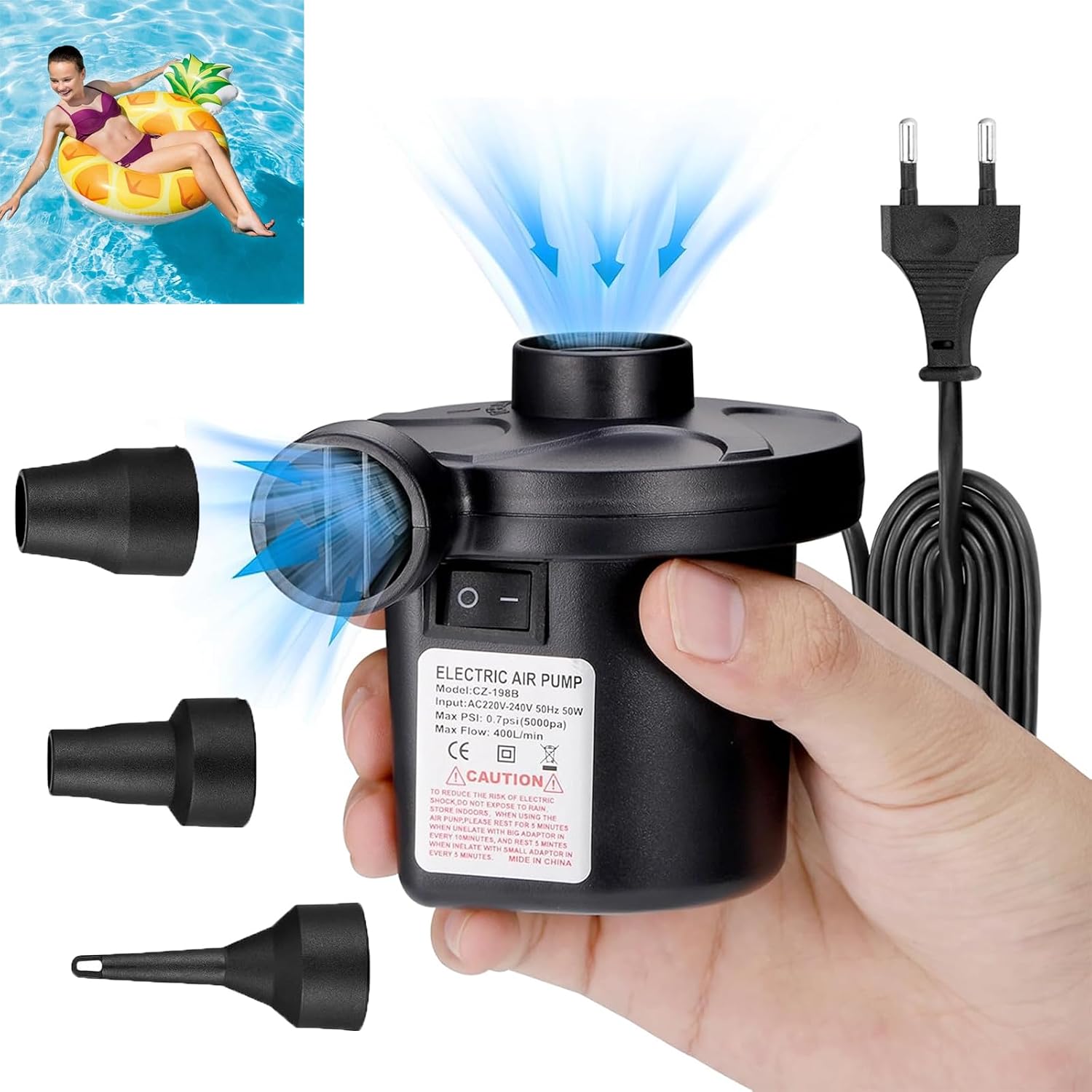 Detalle de JIZZU CZ-S003-1-EU elektrische luchtpomp met 3 mondstukken, 220 V/DC 12 V