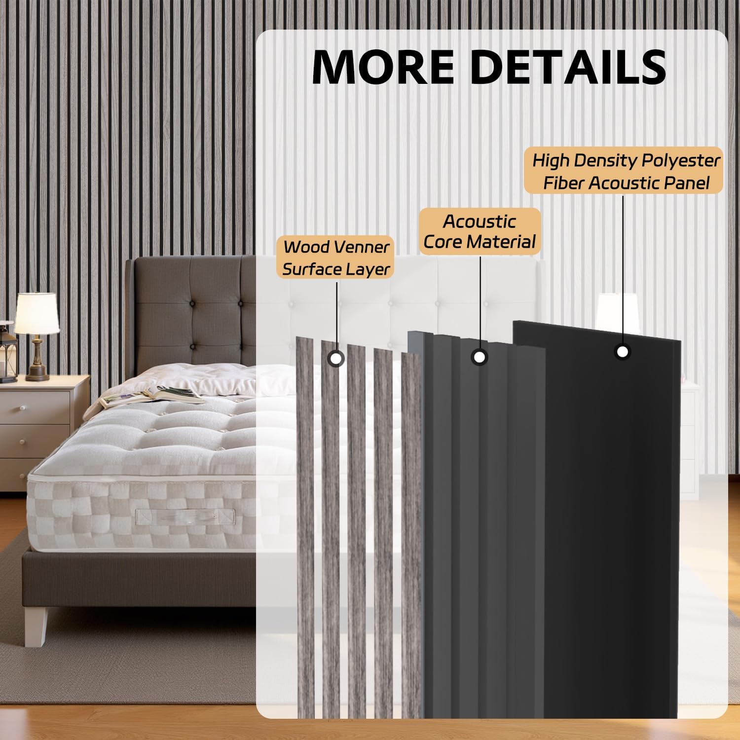 Detalle 2 de RITOLLO 4-Pack Wood Slat Acoustic Wall Panels, 106.3-Inch Gray MDF