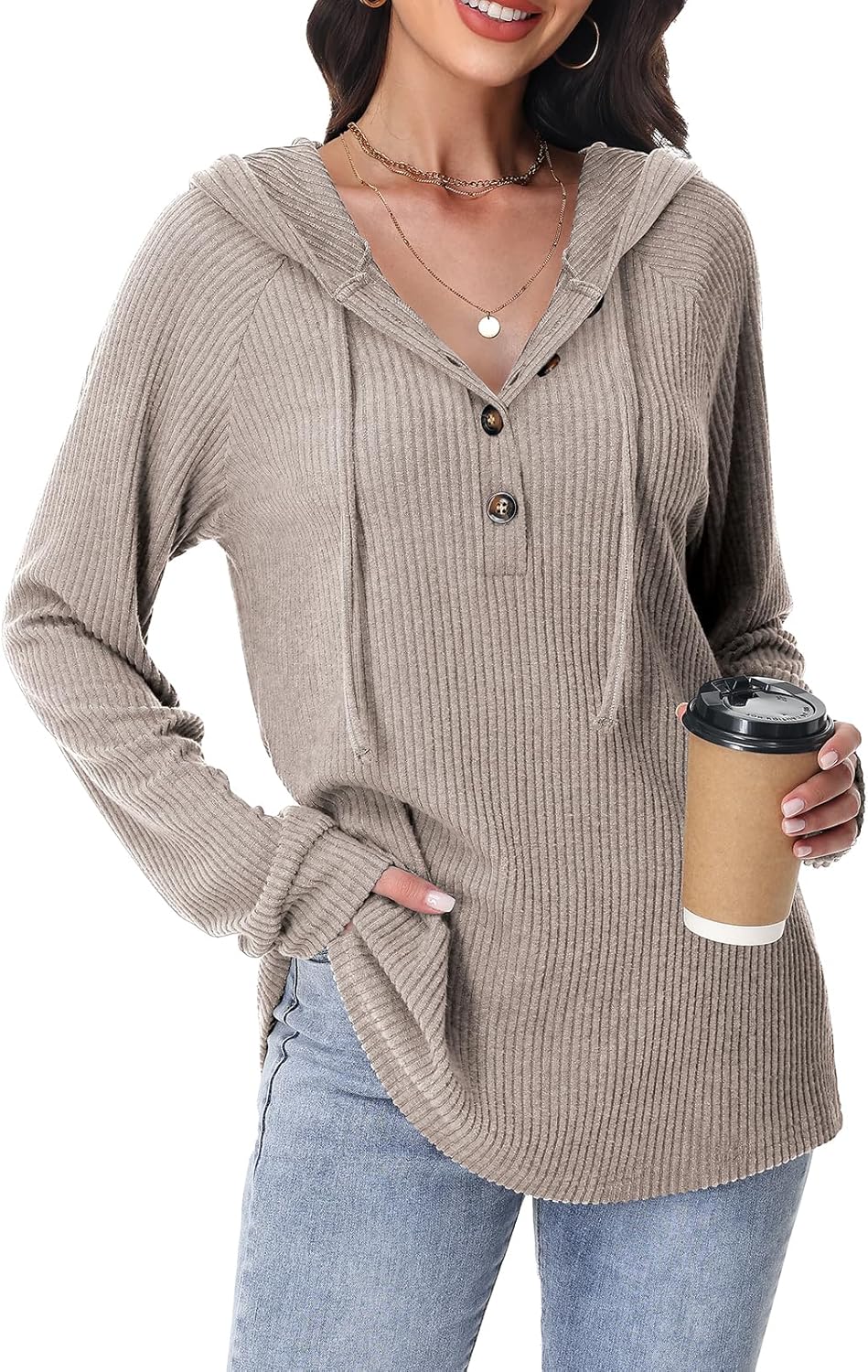 Thumbnail 1 de Tanmolo Pullover Damen Hoodie V‑Ausschnitt Knopfleiste