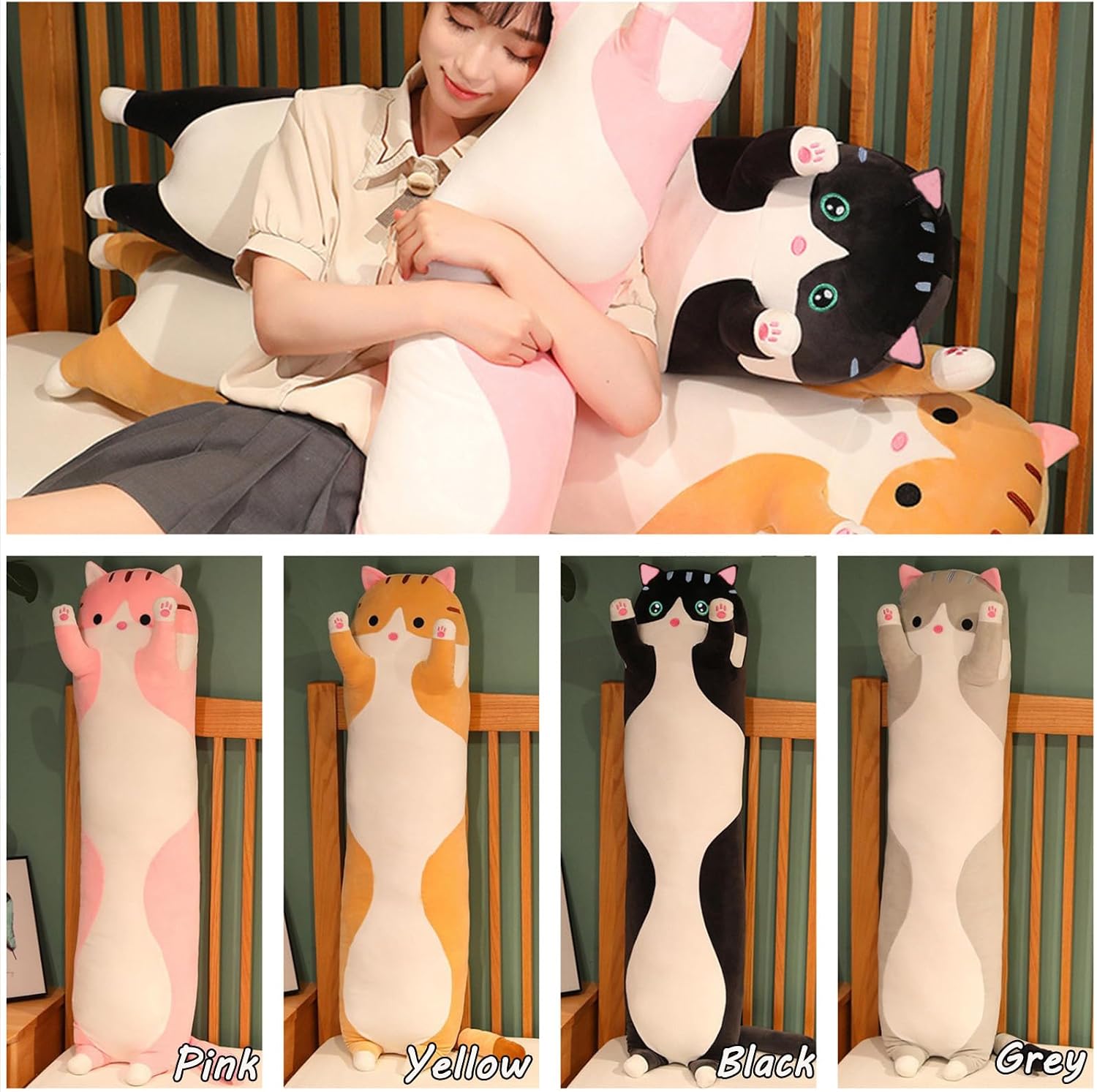 Thumbnail 5 de Aiuidun Lange Katze Kuscheltier 90 cm – weiches Plüsch-Kissen als Schlaf- und Umarmungskissen (Grau)