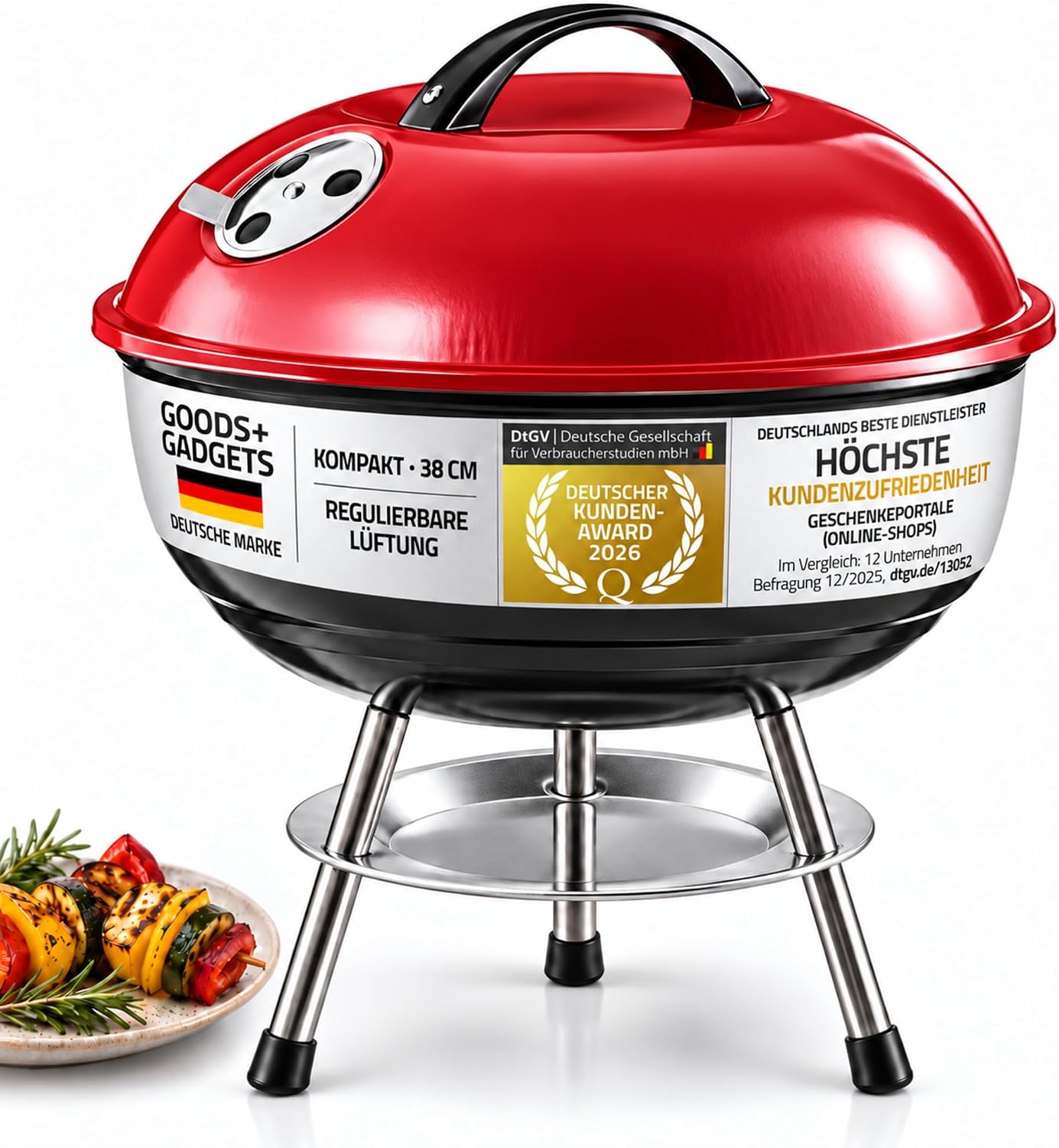 Detalle de GOODS+GADGETS 4815110 – kompaktowy grill węglowy kulowy 40 cm, czerwony