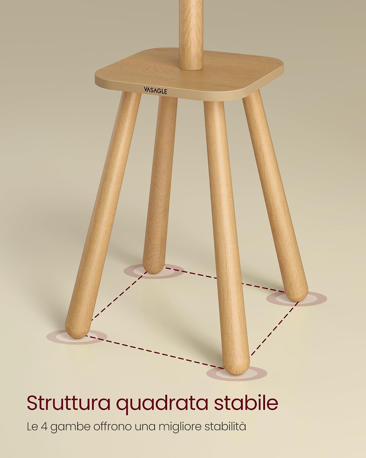 Detalle de VASAGLE Attaccapanni da Terra RCR033N01 beige naturale con 8 ganci e piano portaoggetti (170,5 cm)