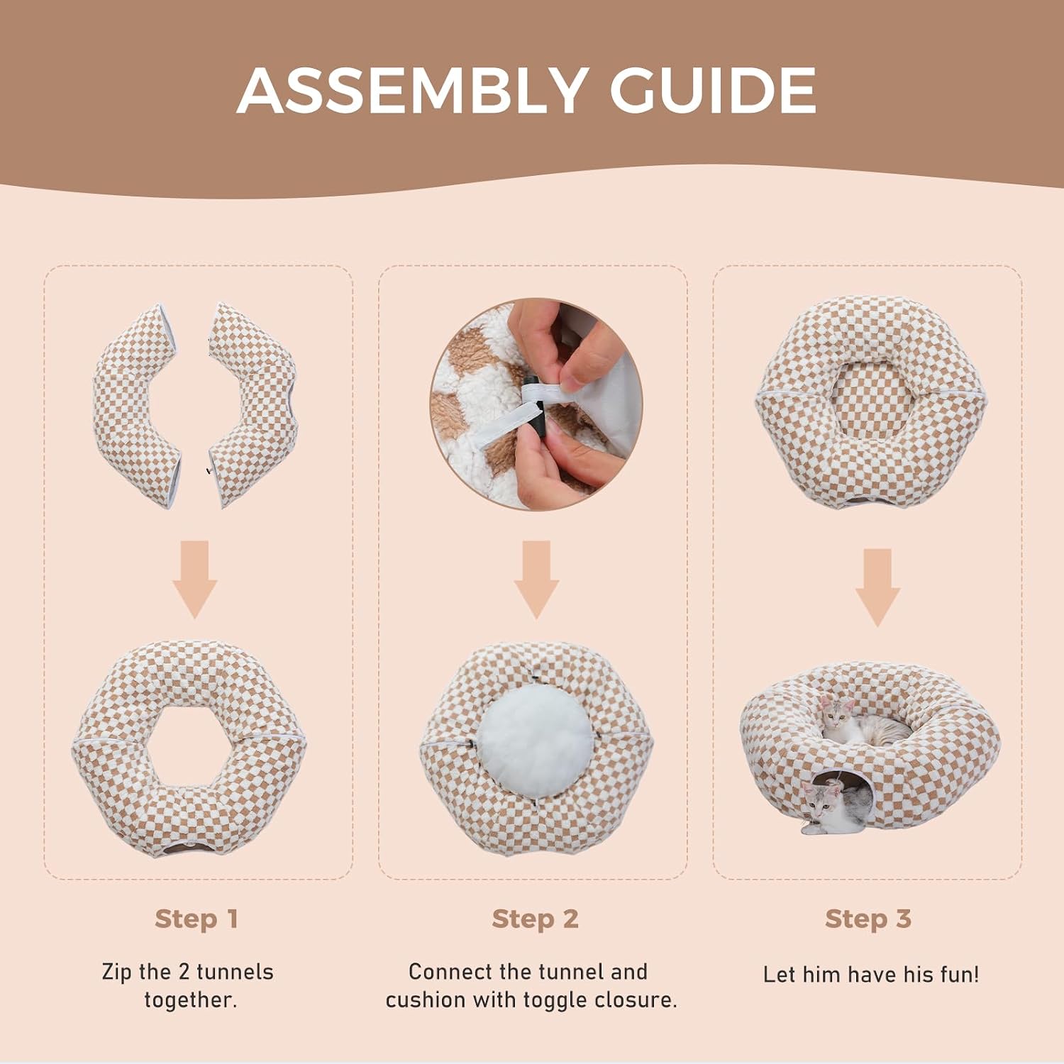 Detalle de PAWZ Road Plush Cat Tunnel: 2-in-1 Donut Circle Bed, 85 cm (Brown)