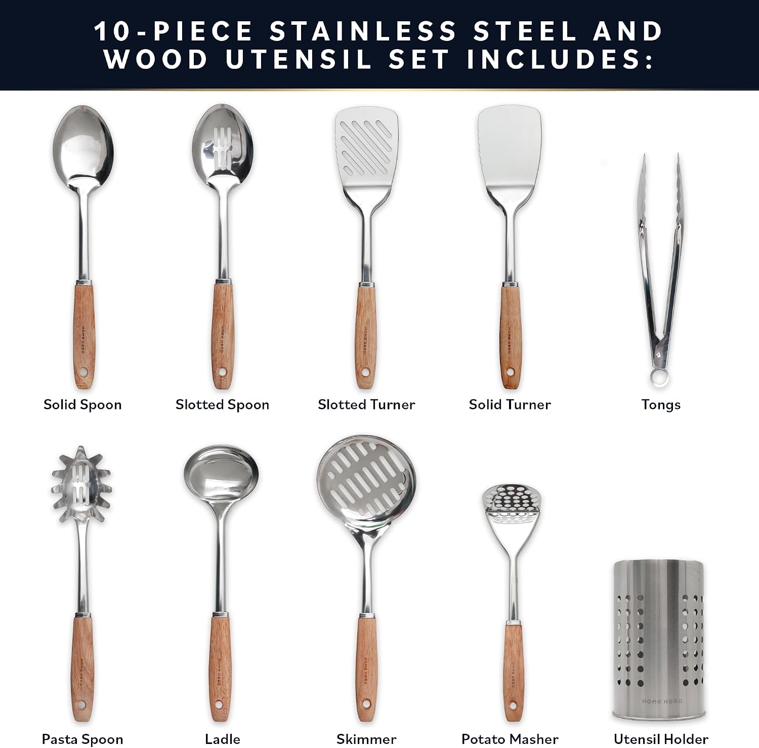 Detalle de Home Hero 10-Piece Stainless Steel Kitchen Utensils Set with Wood Handles (Silver & Wood)