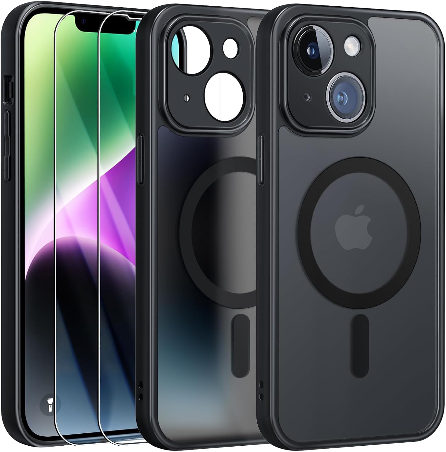 Detalle de FLLAO Coque magnétique pour iPhone 14 — 2 verres trempés, MagSafe, protection complète, noir translucide