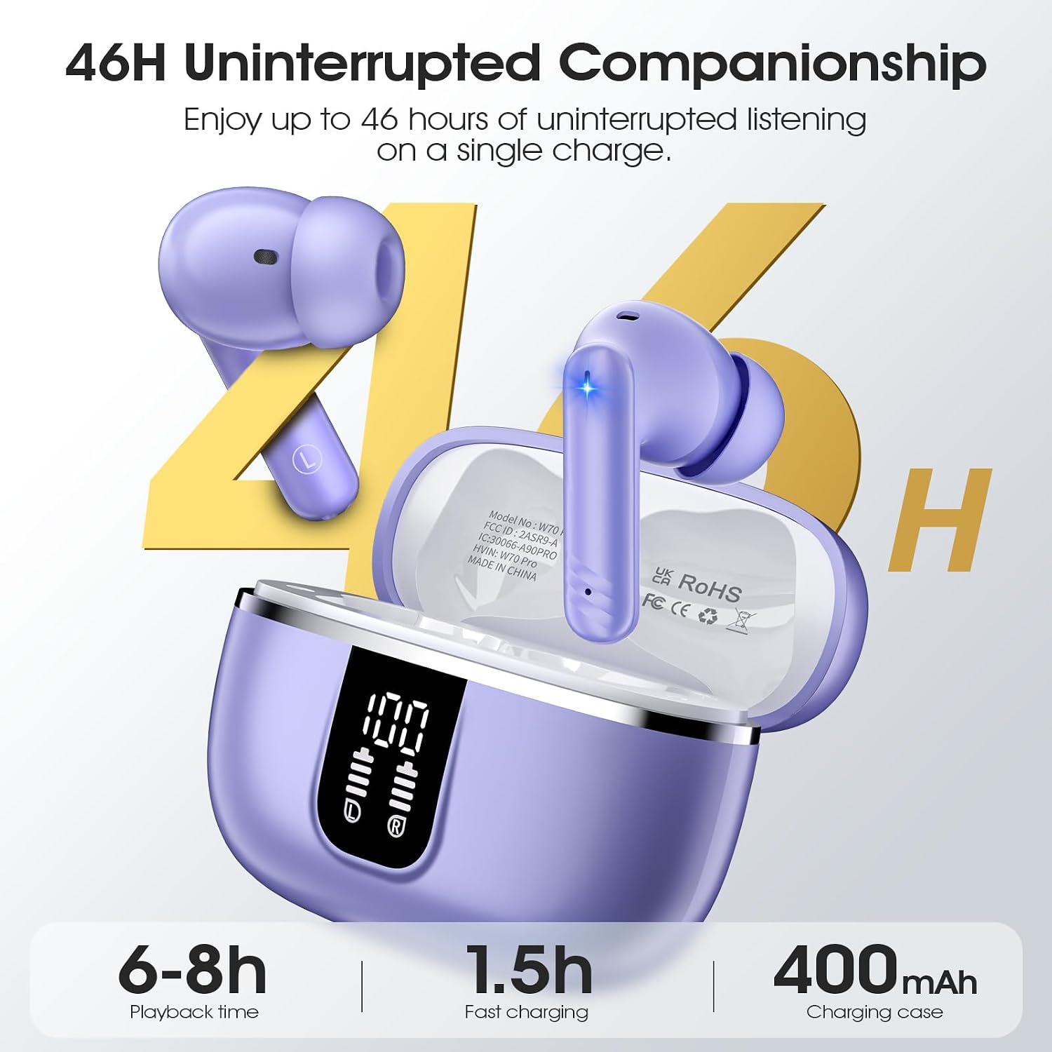 Detalle 2 de Wireless Earbuds with Bluetooth 5.4, 4‑Mic ENC Noise Cancelling, IPX7, 46h Playtime, 3D Bass – Purple