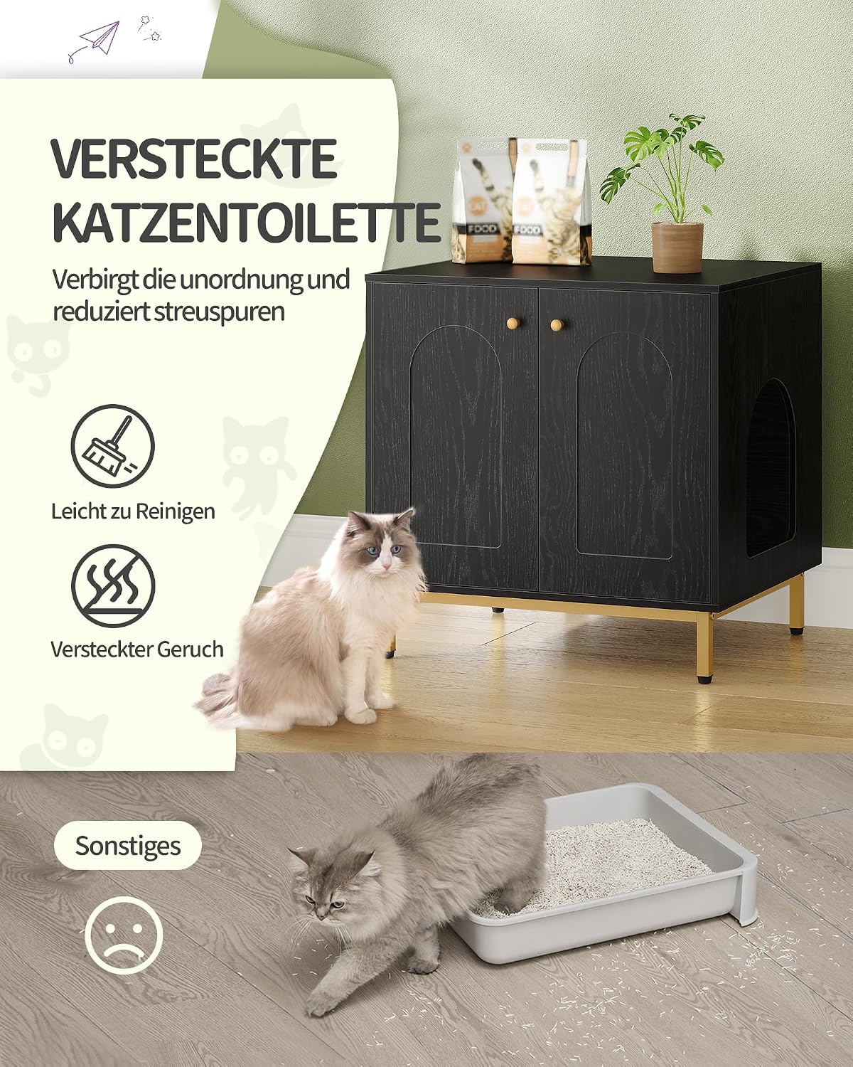 Thumbnail 6 de Hzuaneri Katzenschrank CB81204G – Katzentoilette, Katzennest & Beistelltisch in Schwarz/Gold