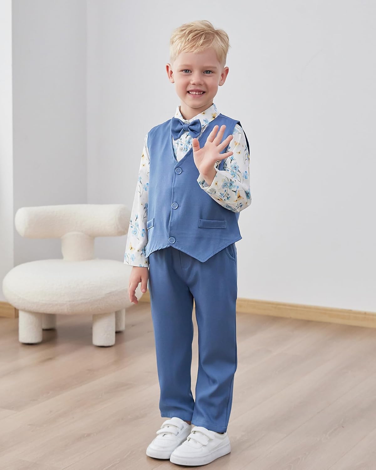 Detalle de WESIDOM Toddler Boy Formal Suit Set: Dress Shirt, Bowtie, Vest, Boutonniere, Suspender Pants