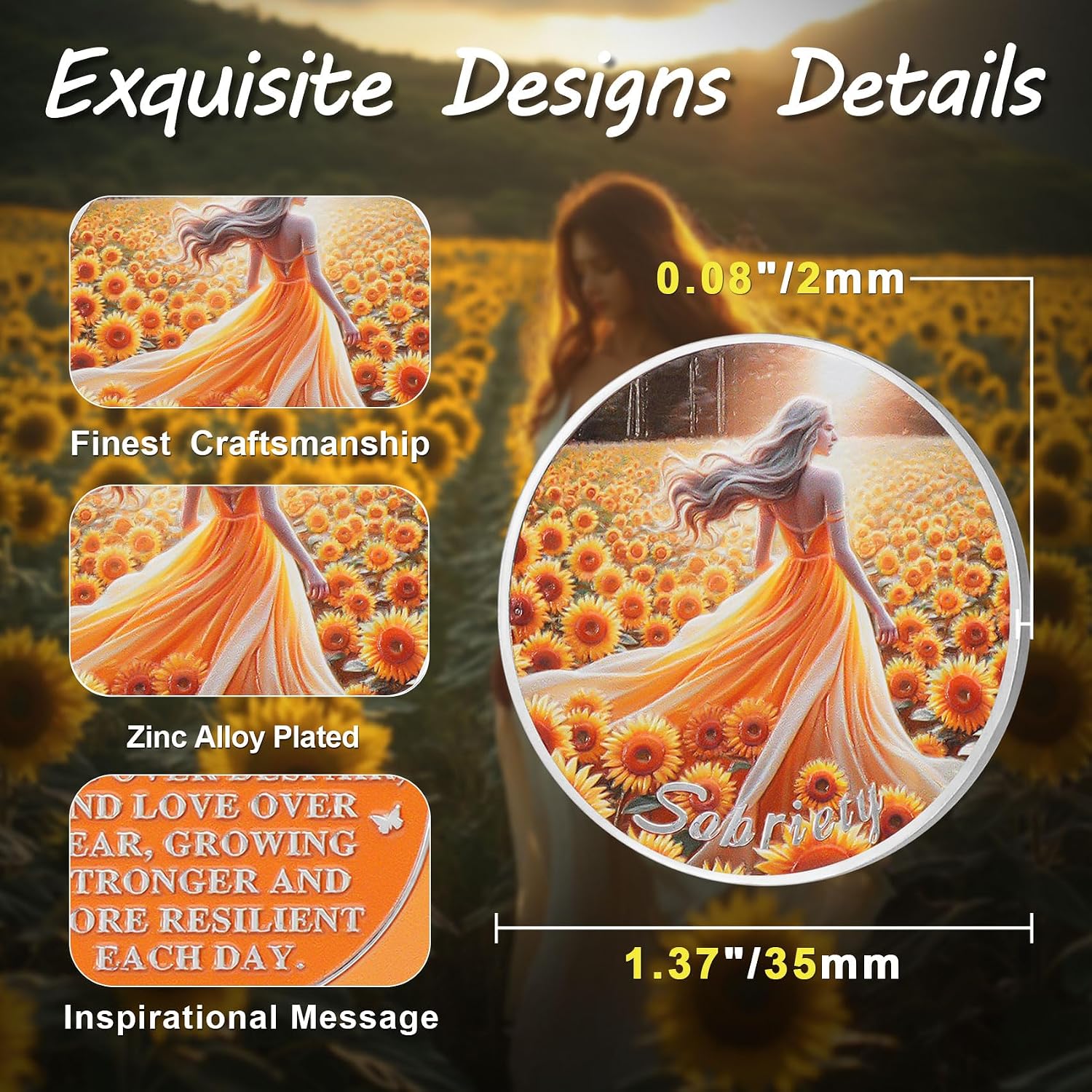 Detalle 1 de ACGZQY Sunflower Hopeful Sobriety Coin 1.37in