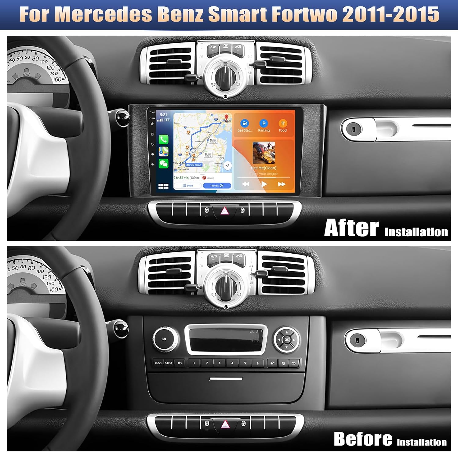 Detalle de CAMECHO 4G+64G Android 15 2 DIN per Mercedes Smart Fortwo W451 (2011-2015) con schermo 9” CarPlay/Android Auto, GPS, WiFi e telecamera AHD