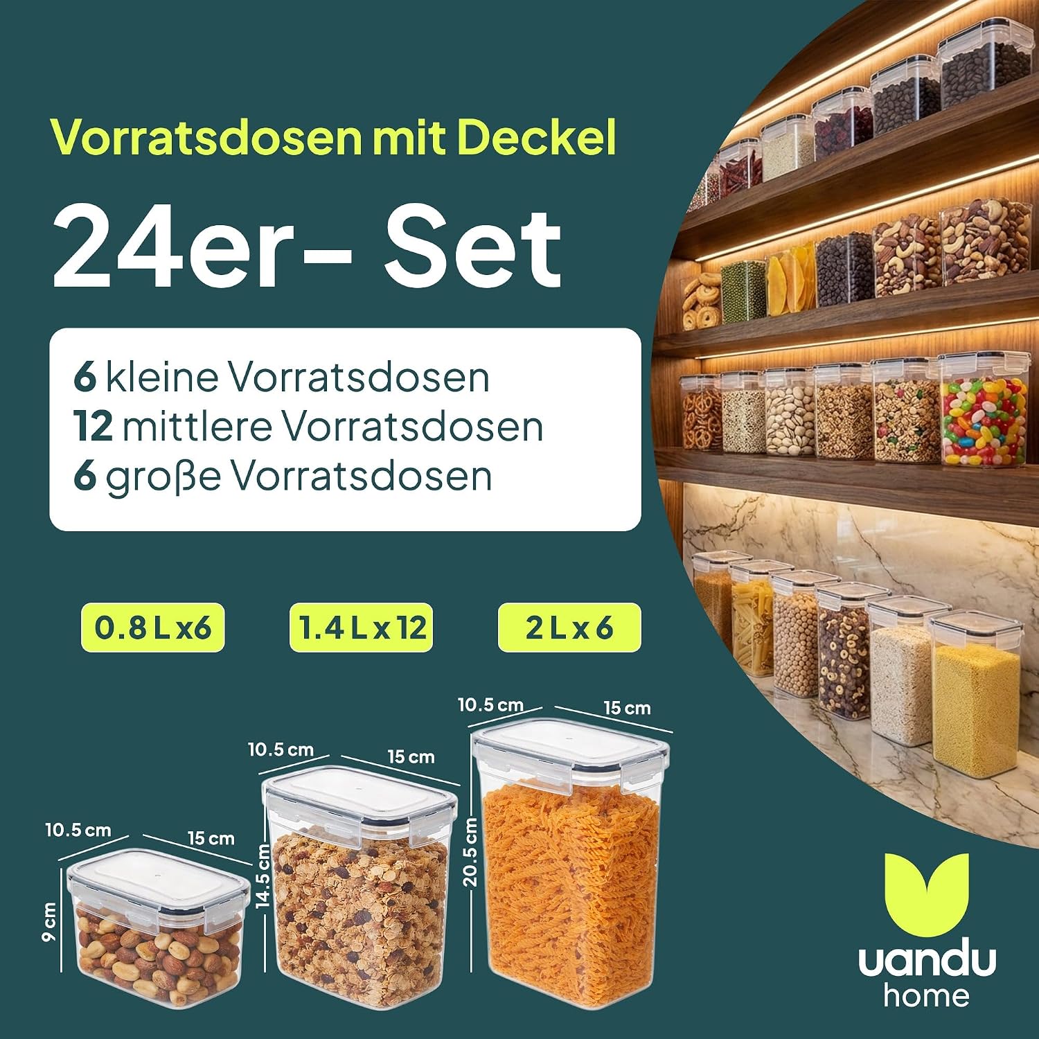 Detalle de uandu luftdichte Vorratsdosen mit Deckel – 24er Set BPA-frei (für Küche, inkl. Stift & Etiketten)