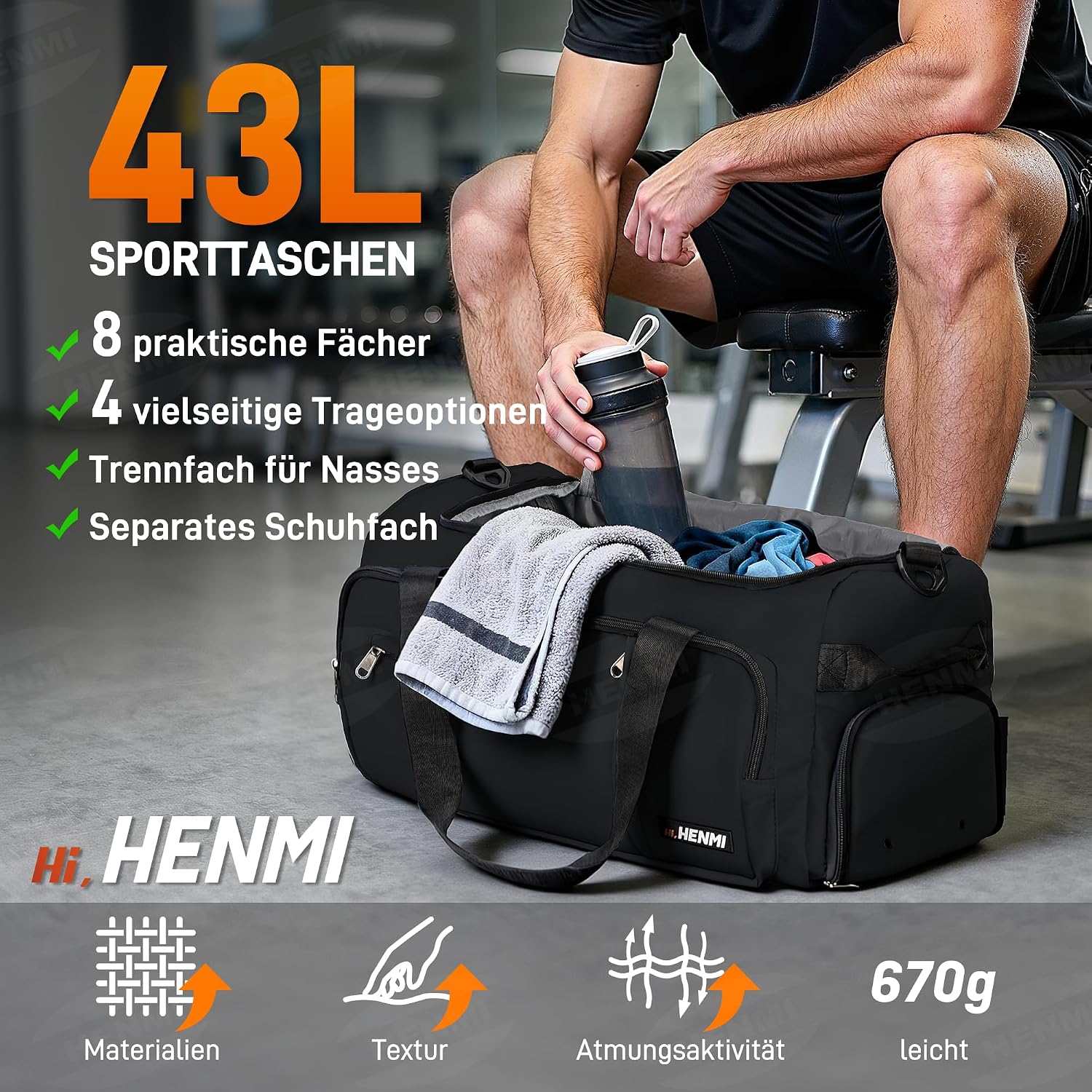 Thumbnail 1 de HENMI Sporttasche 43L Groß Schuhfach Nassfach Schwarz