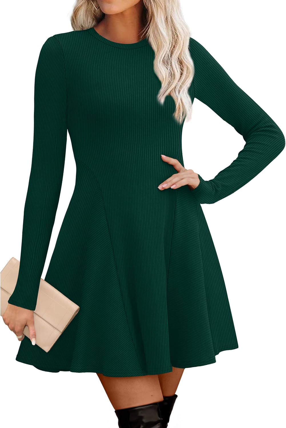 Detalle de OFEEFAN Women's Ribbed Knit Sweater Dress, Long Sleeve Crew Neck A-Line