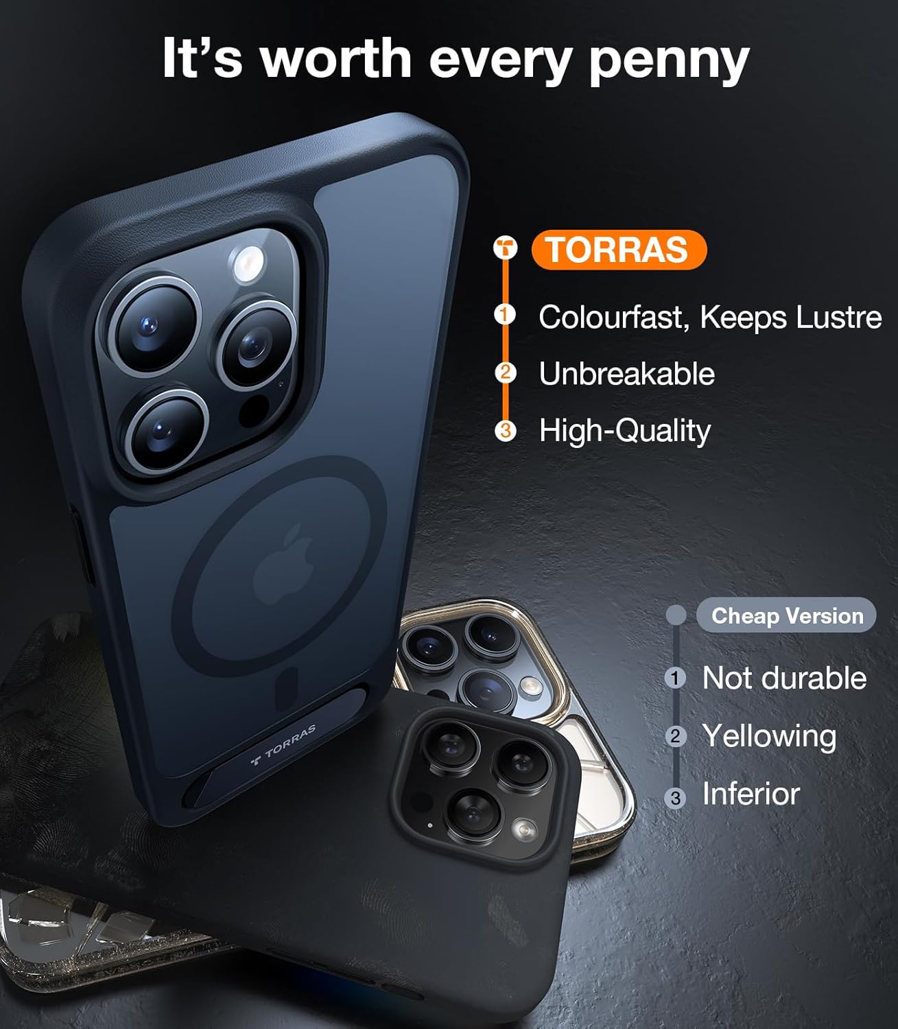 Thumbnail 5 de TORRAS iPhone 15 Pro Max Case Invisible Titanium Stand (Black) with 12ft military shockproof & N56 magnets