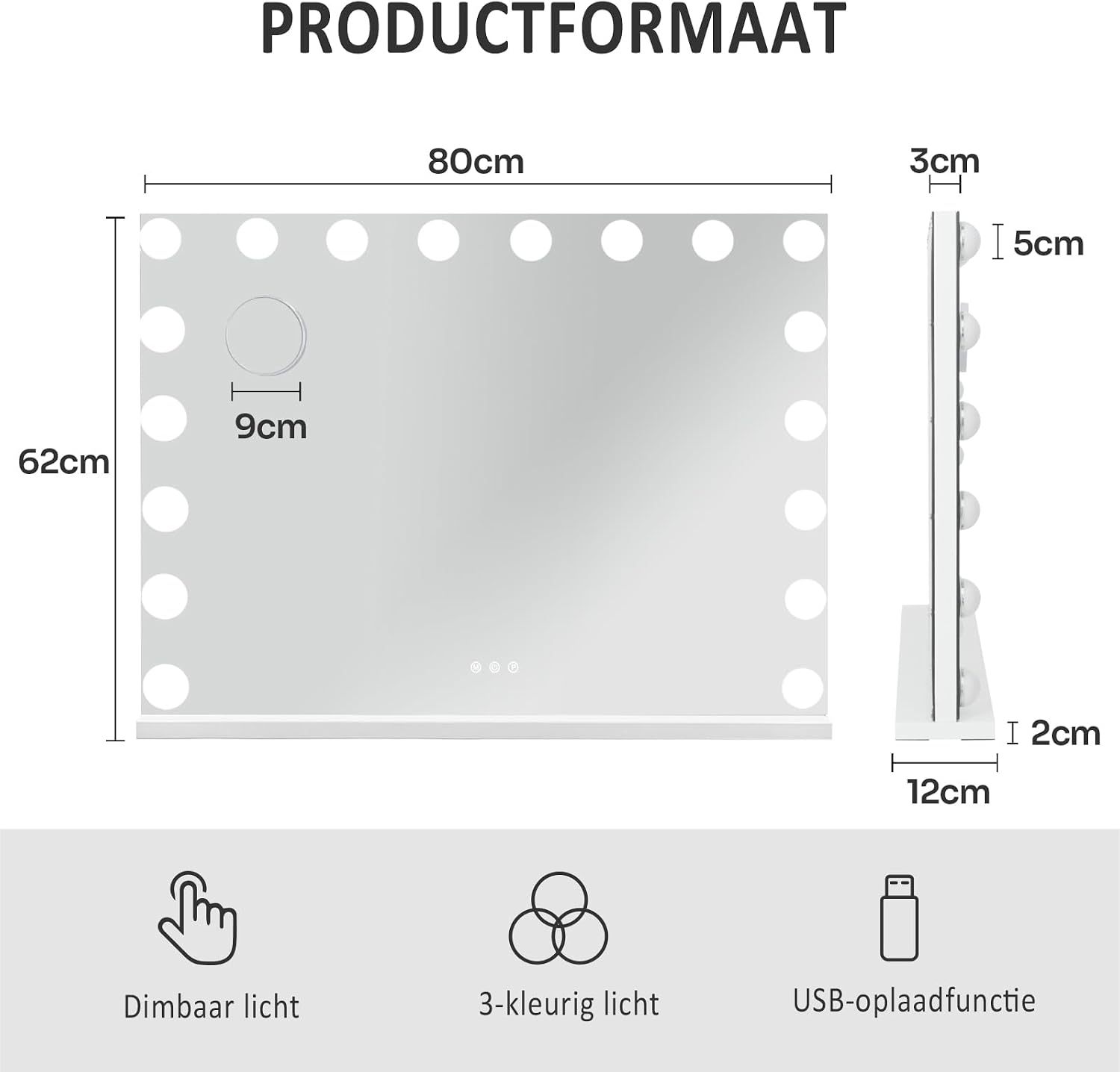 Thumbnail 5 de YU YUSING Hollywood make-upspiegel 80 × 62,5 cm met 18 dimbare leds