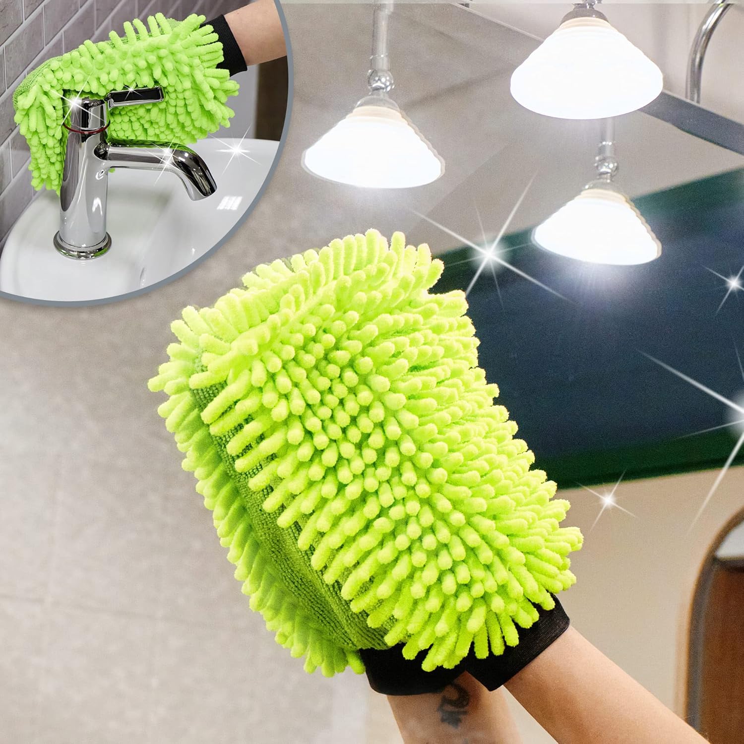 Thumbnail 2 de com-four® Gant de Lavage 3x pour Voitures et Ménage – Gant en Microfibre et Chenille, Vert Fluo