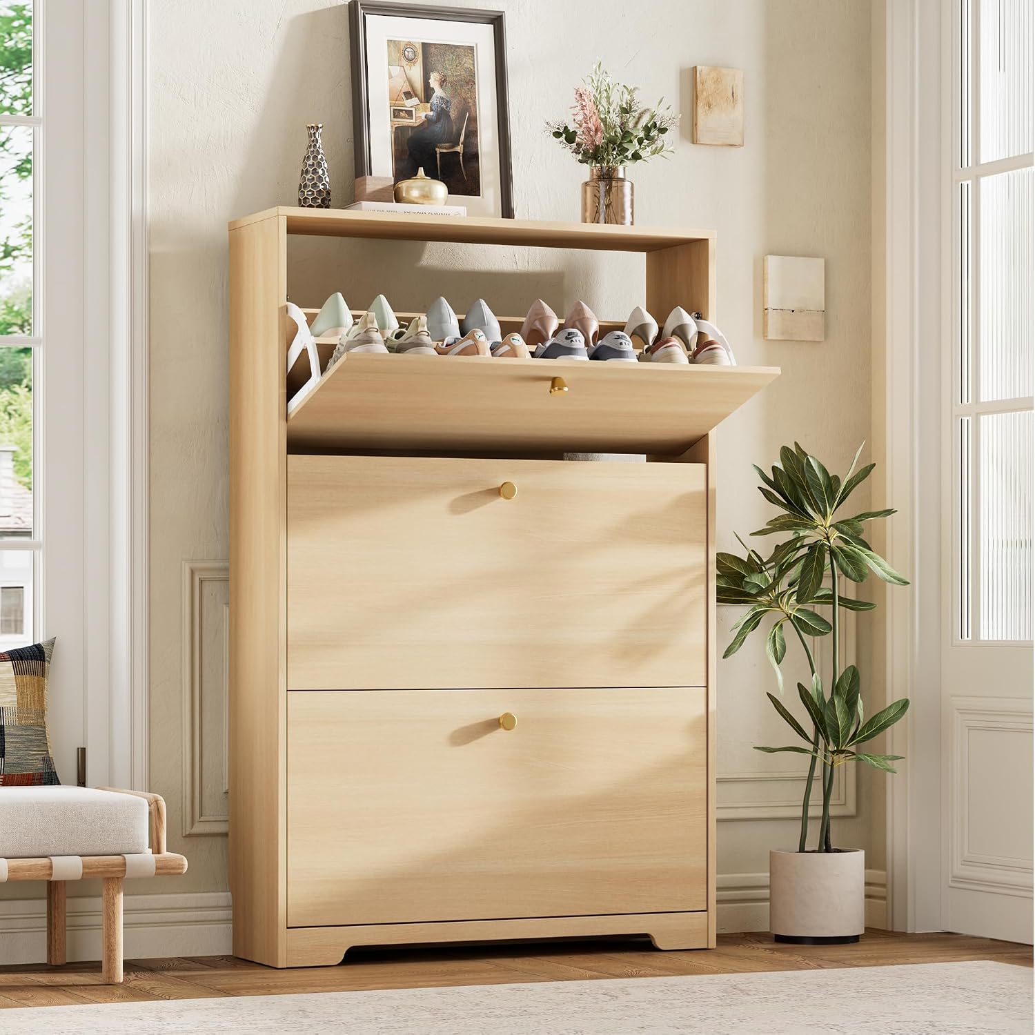 Detalle de Nicetree NT-SC004 Shoe Storage Cabinet, Natural Oak, 3 Flip Drawers