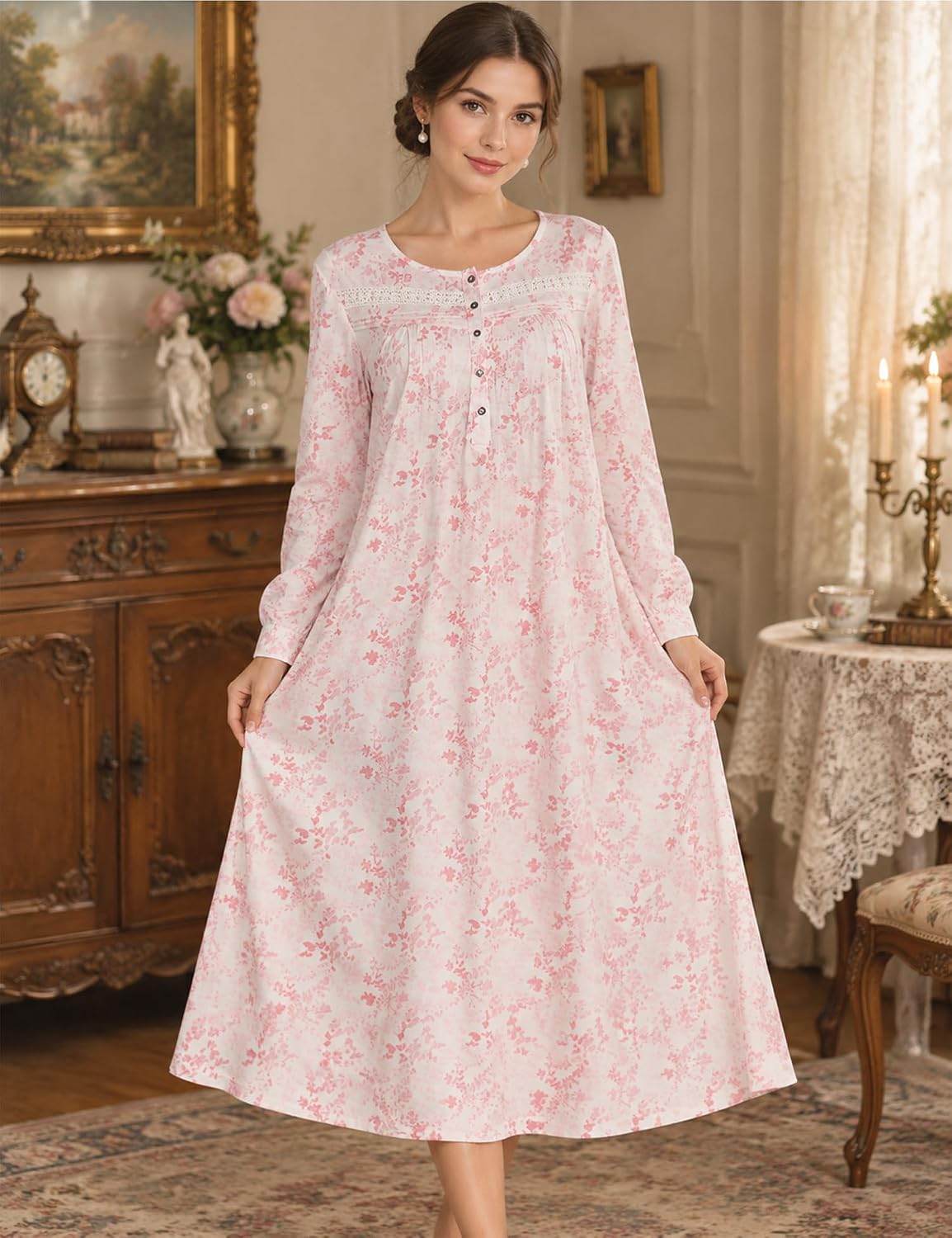 Detalle 1 de YOZLY Long Sleeve Cotton-Blend Nightgown with Pockets and Button Placket