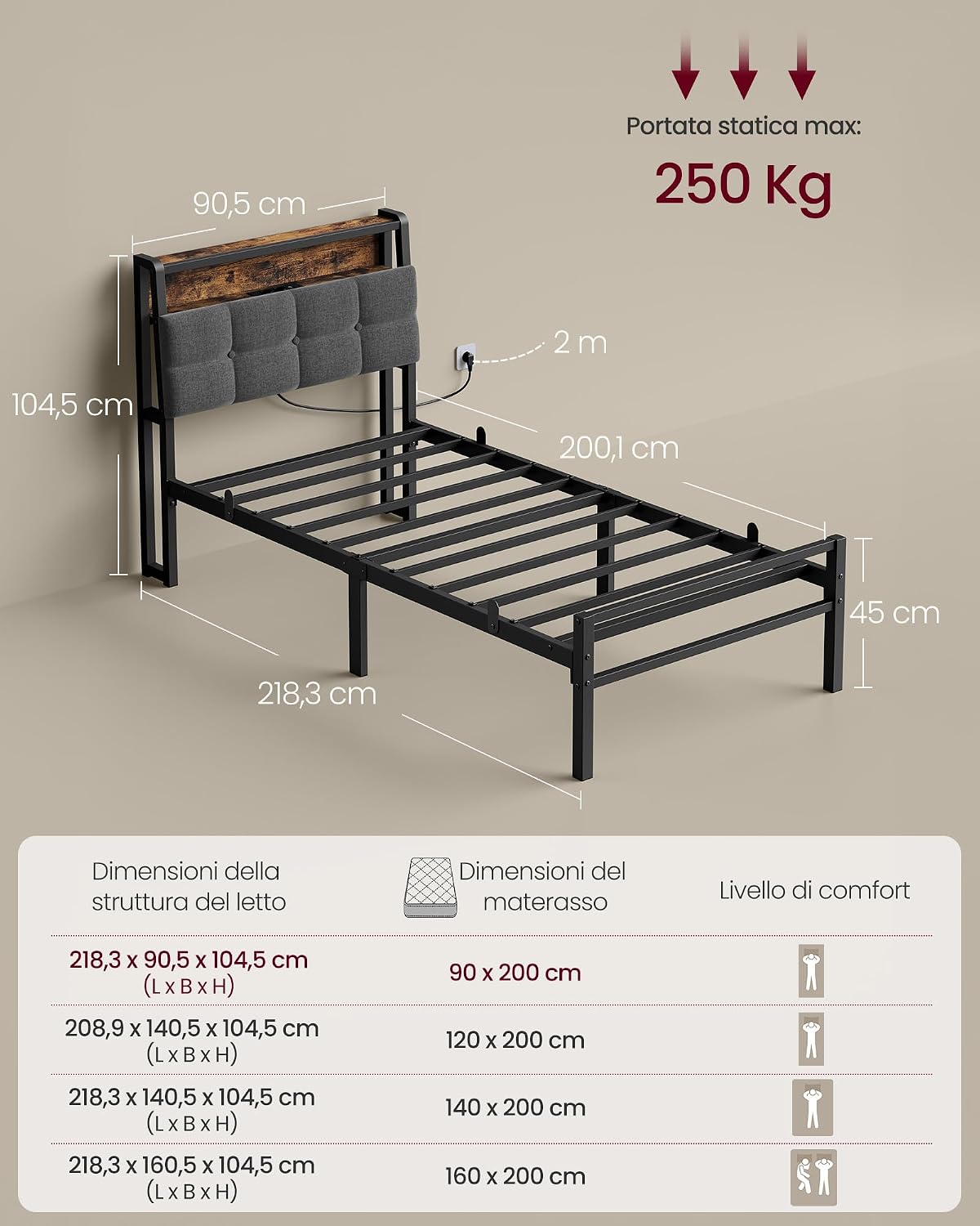 Thumbnail 1 de VASAGLE Struttura Letto Singolo in Acciaio con Luci LED e Prese – RMB122G101, Nero Opaco