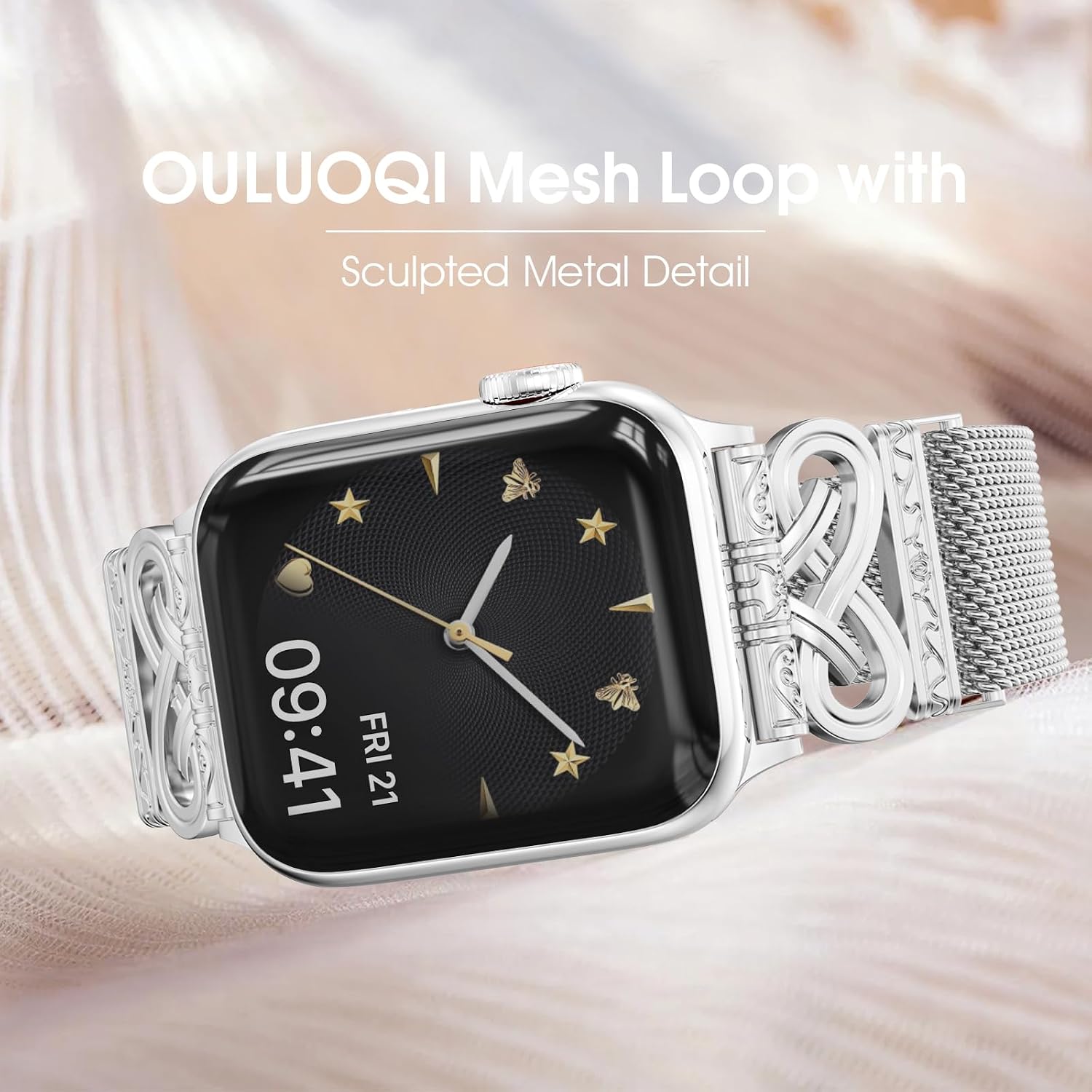 Thumbnail 1 de OULUOQI Sculpted Metal Mesh Watch Band, Silver Stainless Steel with Magnetic Clasp