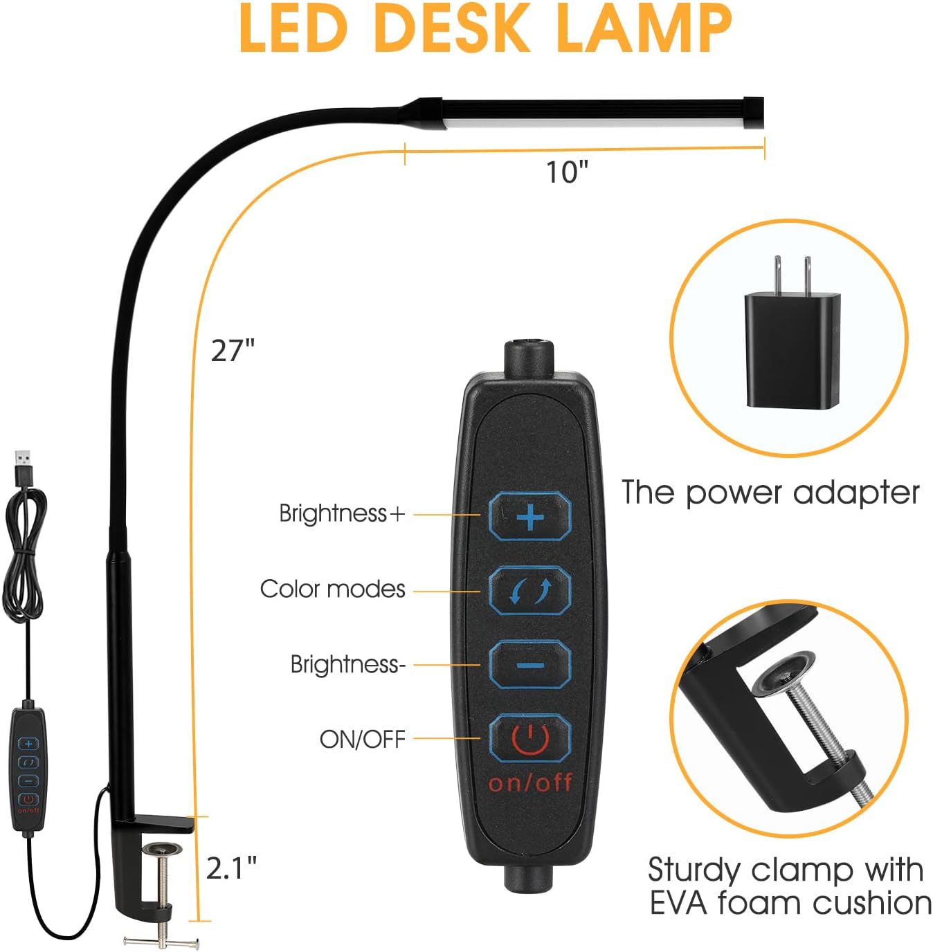 Detalle de Voncerus LED Desk Lamp with Clamp (USB Adapter), 3 Color Modes & 10 Brightness Levels, Flexible Goose-Neck, Black