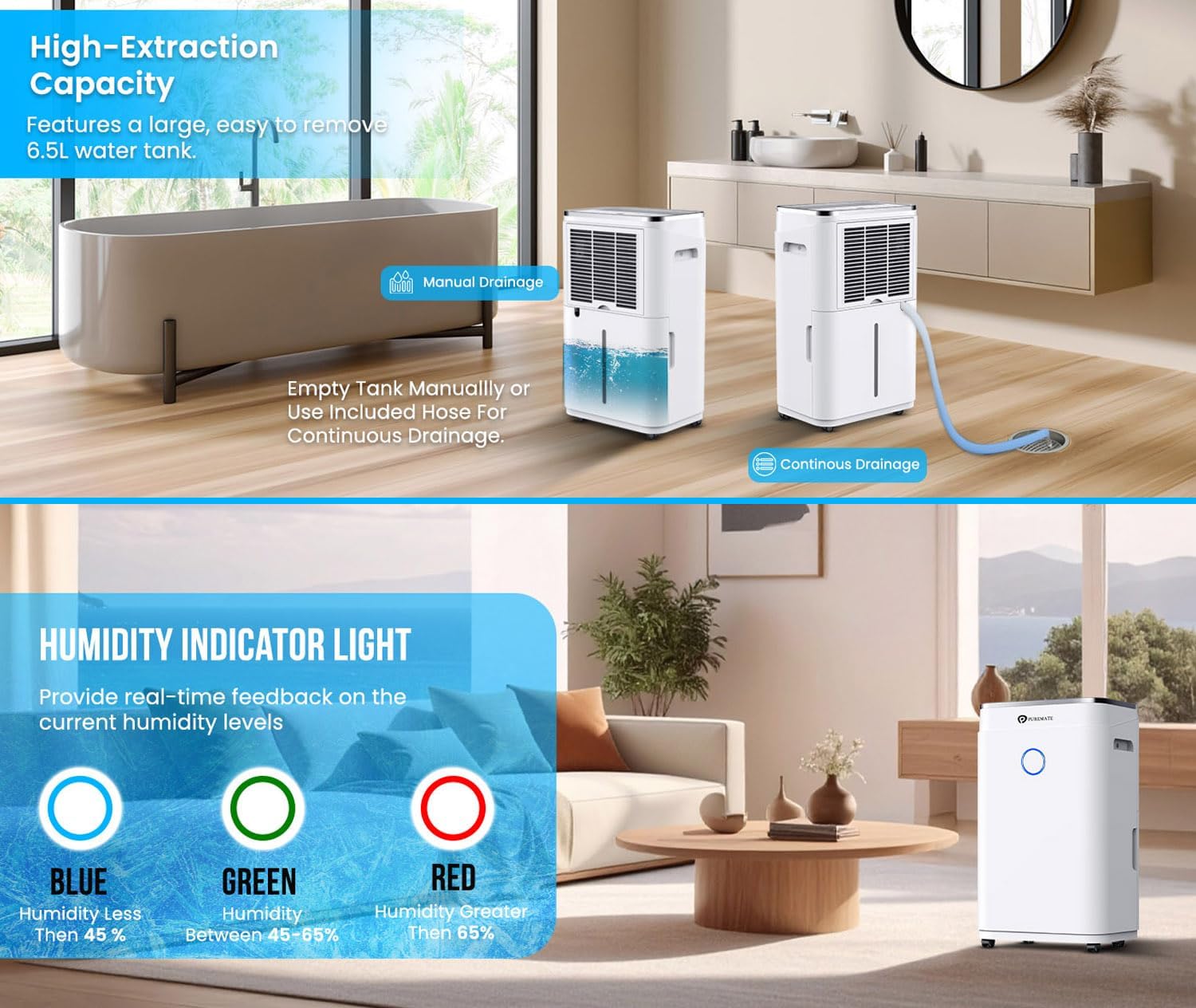 Detalle de PureMate 20L Smart WiFi dehumidifier 6.5L tank 💧