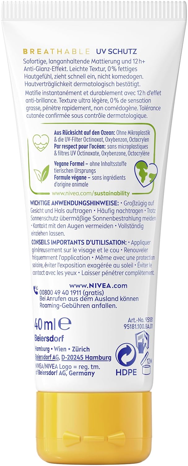 Thumbnail 6 de NIVEA SUN Sonnenschutz LSF 50+ Breathable UV Gesicht Mattierend (40 ml) – Anti-Glanz für das Gesicht
