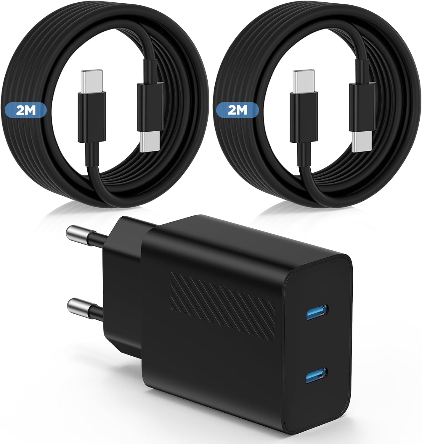 Detalle de Chargeur mural USB-C rapide 45 W à 2 ports avec câbles 2 m – pour iPhone et Galaxy