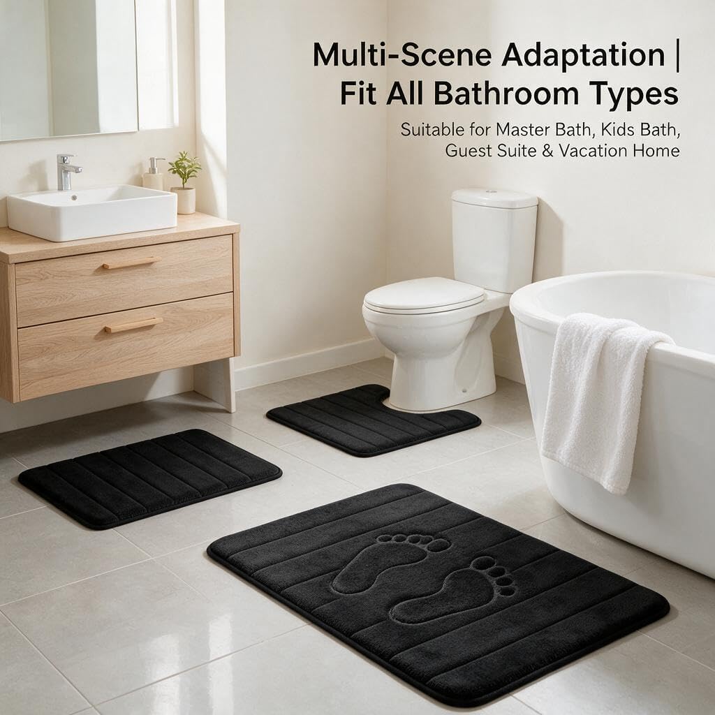 Thumbnail 6 de RUN HELIX 3-Piece Memory Foam Bathroom Rug Set (Non-Slip, Washable) — Black