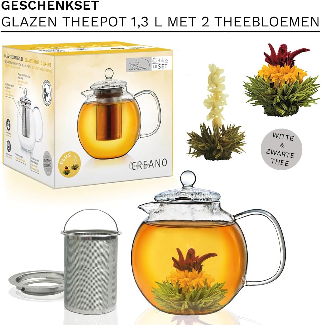 Detalle 2 de Creano 052 glazen theepotset 1,3 l met uitneembaar RVS-filter en 2 theebloemen