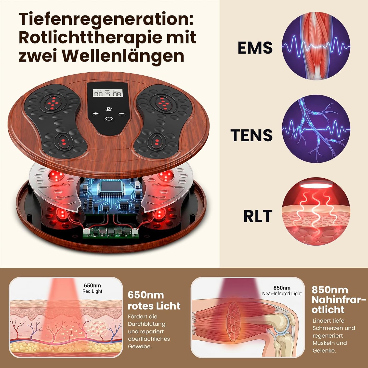Detalle de Medic Durchblutungs-Stimulator Füße Beine – EMS Fußmassagegerät mit Rotlicht (660 nm + 850 nm) und 4 TENS-Pads