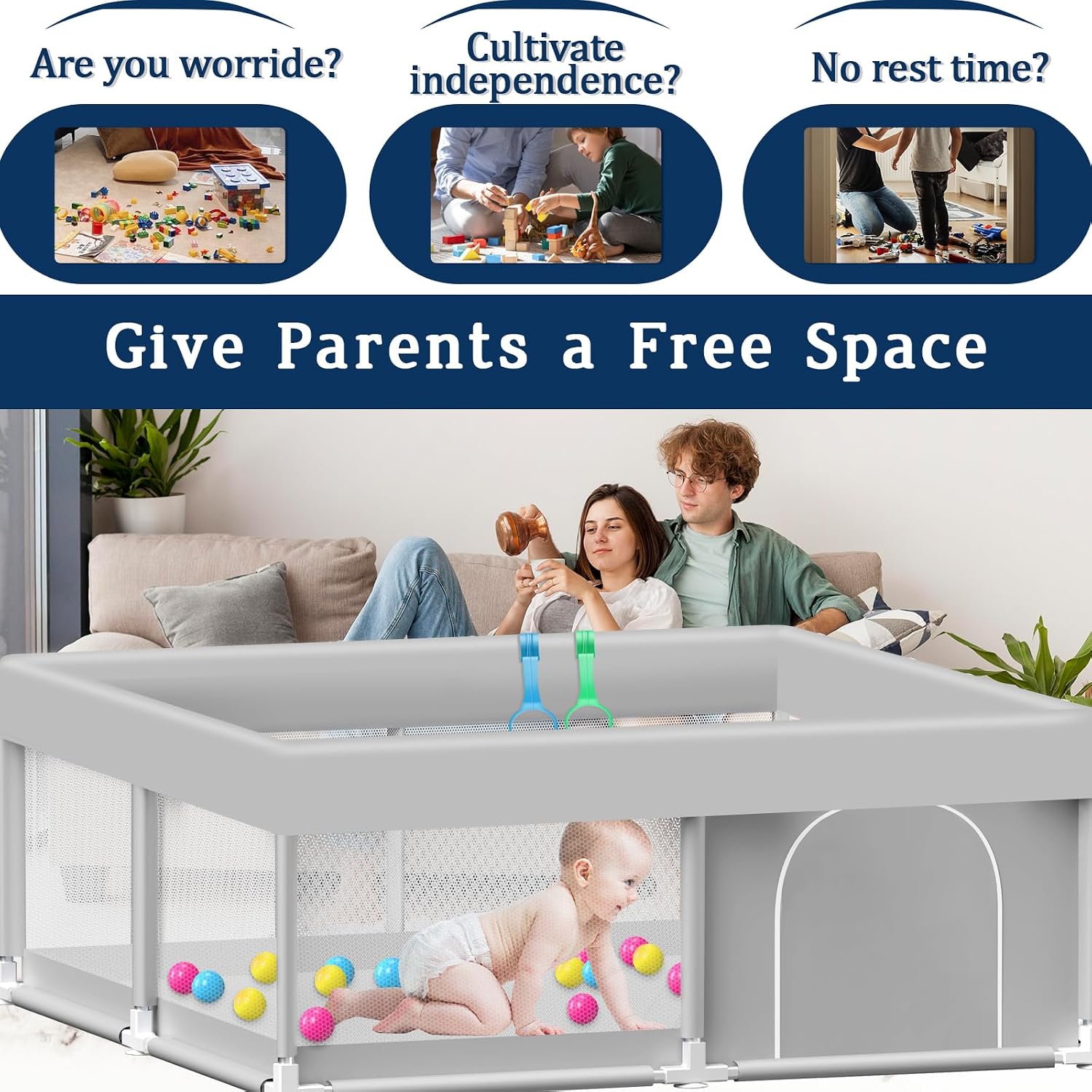 Detalle 2 de Jaobeem 50 x 50-Inch Baby Playpen with Balls and Pull Rings