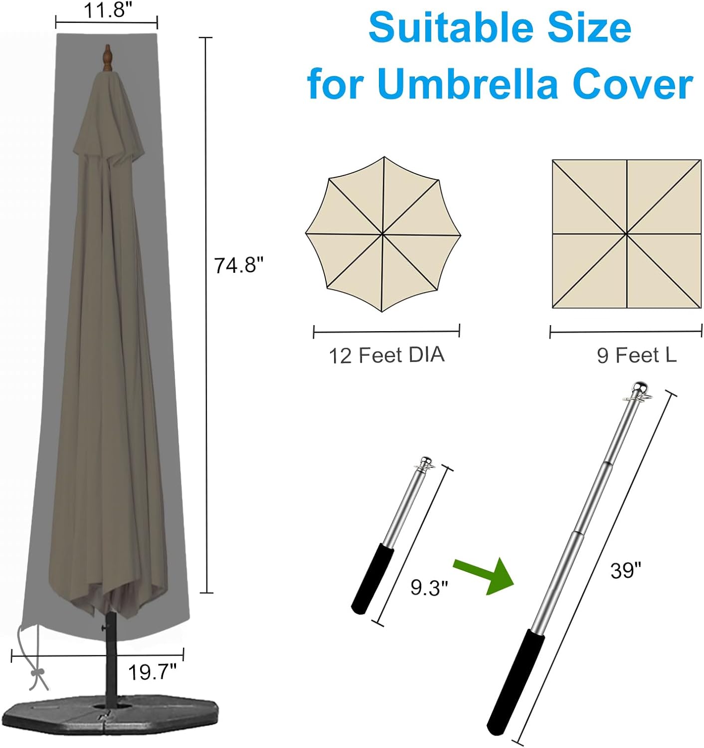 Detalle 2 de OKPOW Waterproof 600D Oxford Patio Umbrella Cover with Zip (190 x 30/50cm) – Dark Grey