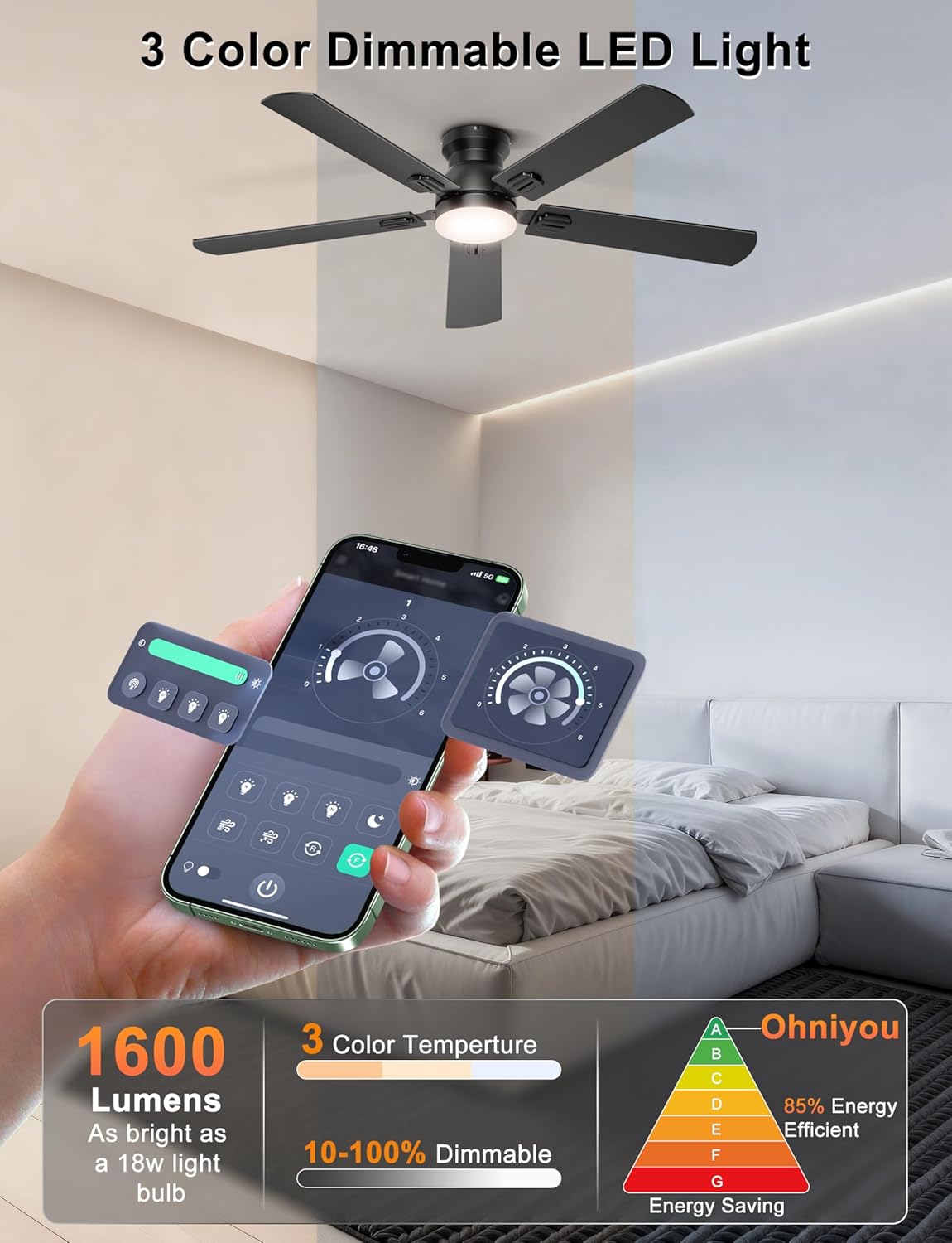 Detalle de Ohniyou 52-Inch Low Profile Ceiling Fan with Lights