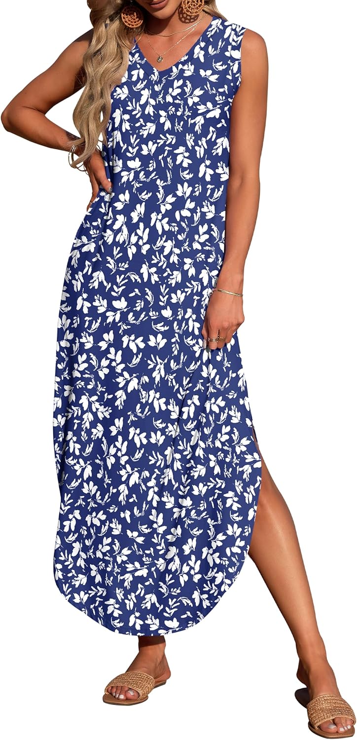 Thumbnail 3 de WNEEDU Damen Maxikleid mit V-Ausschnitt, A-Linie und Taschen (Sommer-Strandkleid)