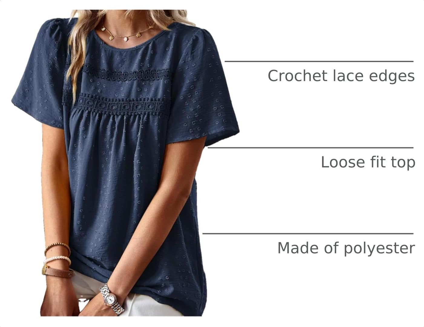 Detalle de Falechay Women's Swiss Dot Crochet Lace Tunic Top, Short Sleeve
