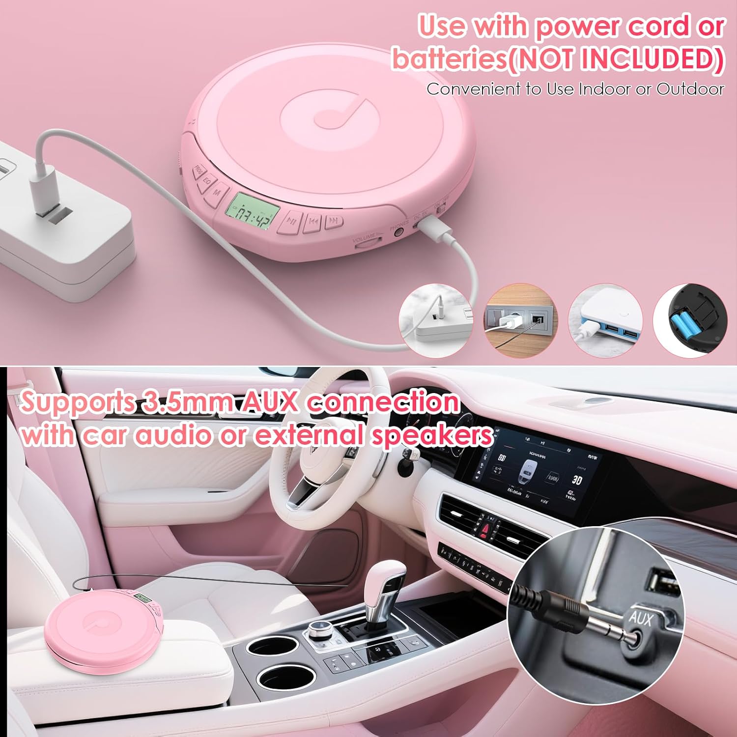 Detalle de Gueray CD Player Tragbar für Kinder – Tragbarer Discman mit LCD-Display, ASP und Rosa-Variante