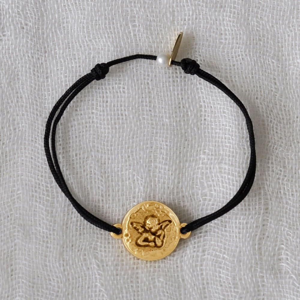 Thumbnail 2 de Les Poulettes Bijoux bracciale con medaglia tonda martellata in ottone dorato Angelo Raffaele