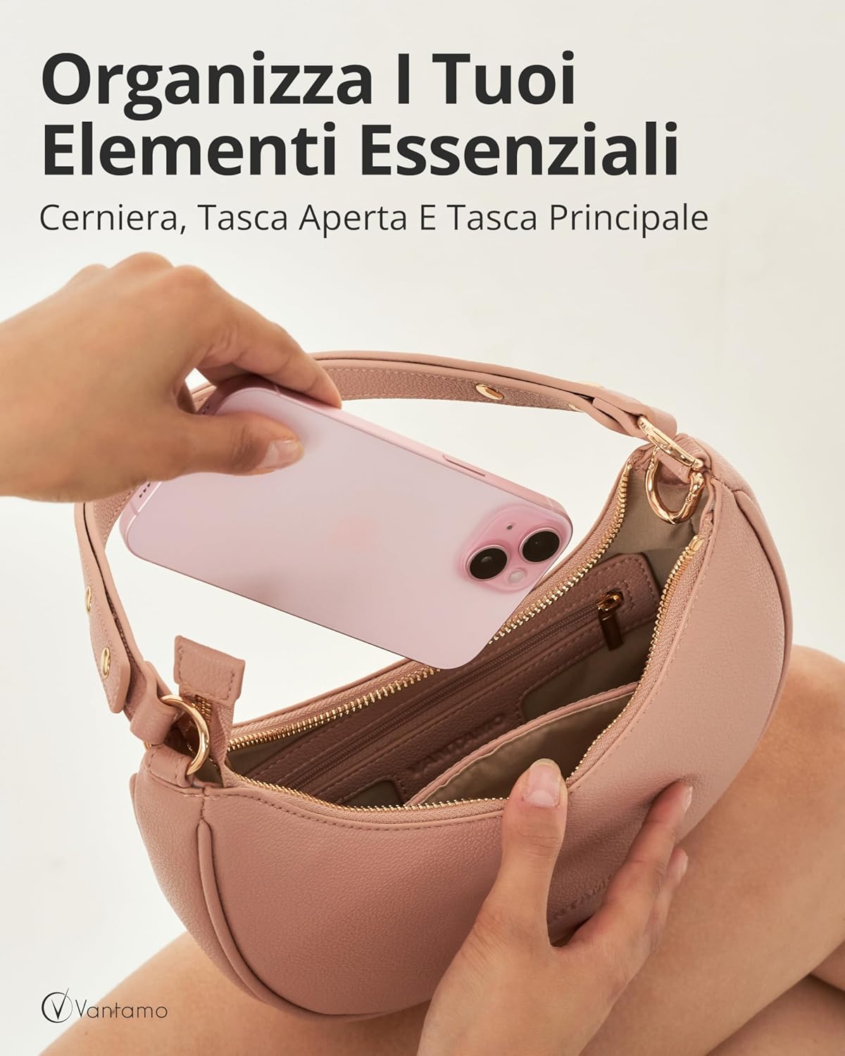 Detalle de Borsa a mezzaluna da donna in ecopelle antifurto RFID con tracolla regolabile e clip anti-borseggio