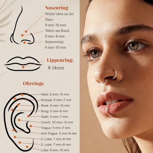 Detalle de jagosen Nasenpiercing Ring Silber 8er Set – 6–12 mm, 18 g, Chirurgenstahl | 4 Paare